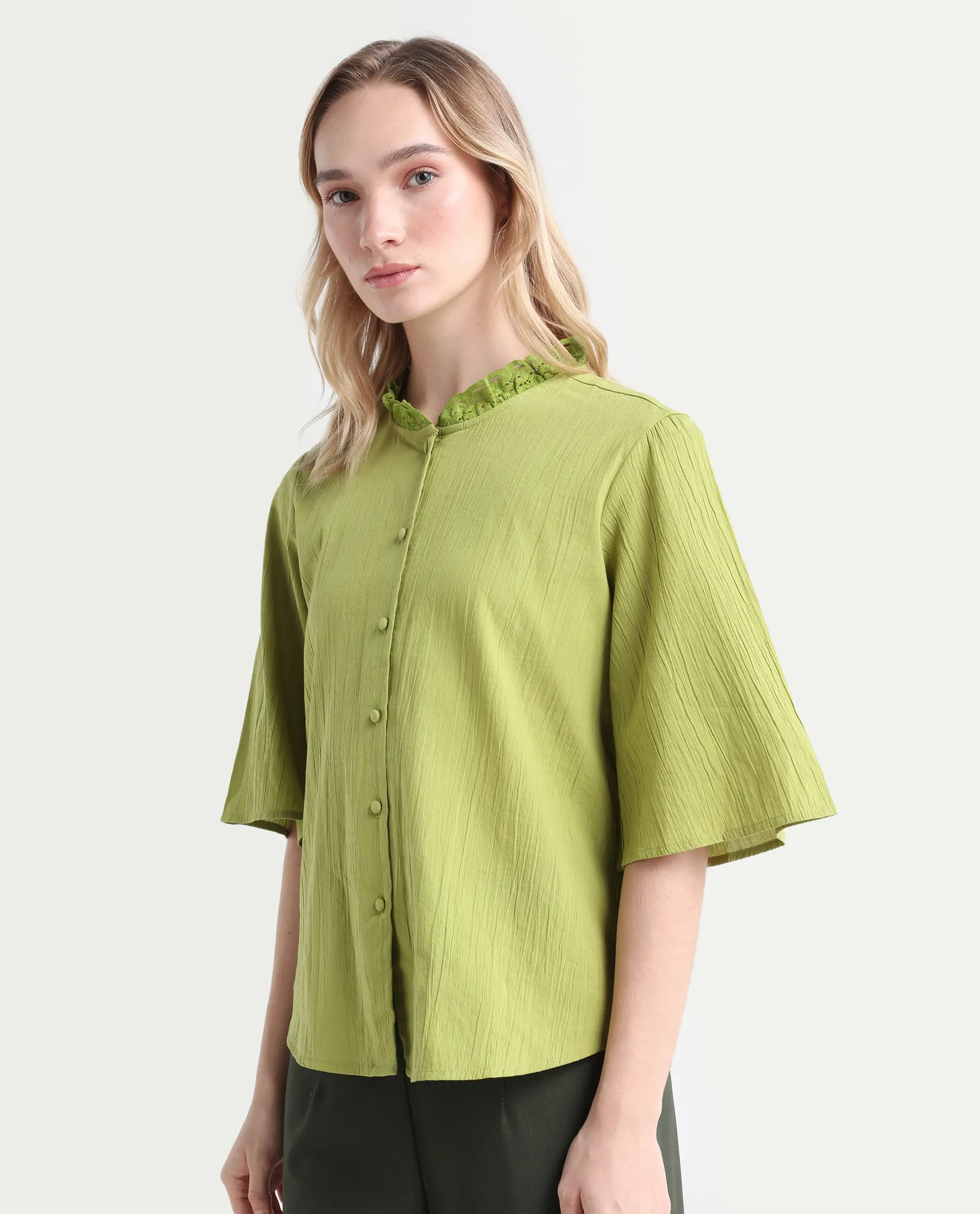 Rareism Women's Ronelpa Light Olive Cotton Round Neck Plain Bell Sleeve Regular Fit Top - Image 5