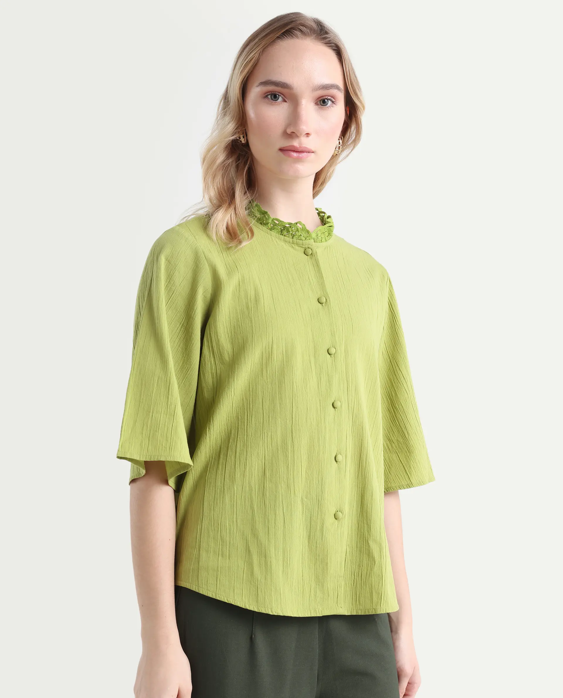 Rareism Women's Ronelpa Light Olive Cotton Round Neck Plain Bell Sleeve Regular Fit Top - Image 6