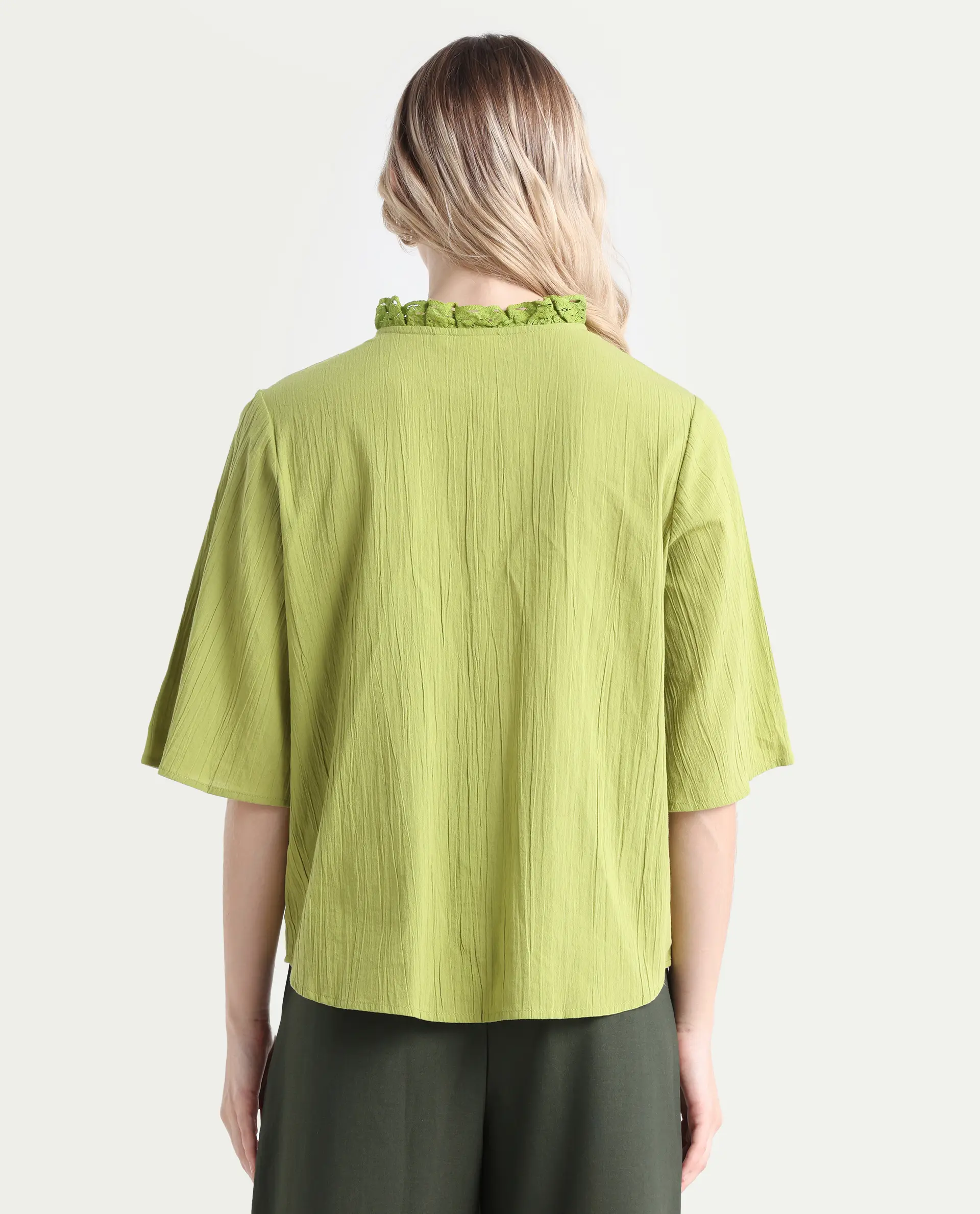 Rareism Women's Ronelpa Light Olive Cotton Round Neck Plain Bell Sleeve Regular Fit Top - Image 7