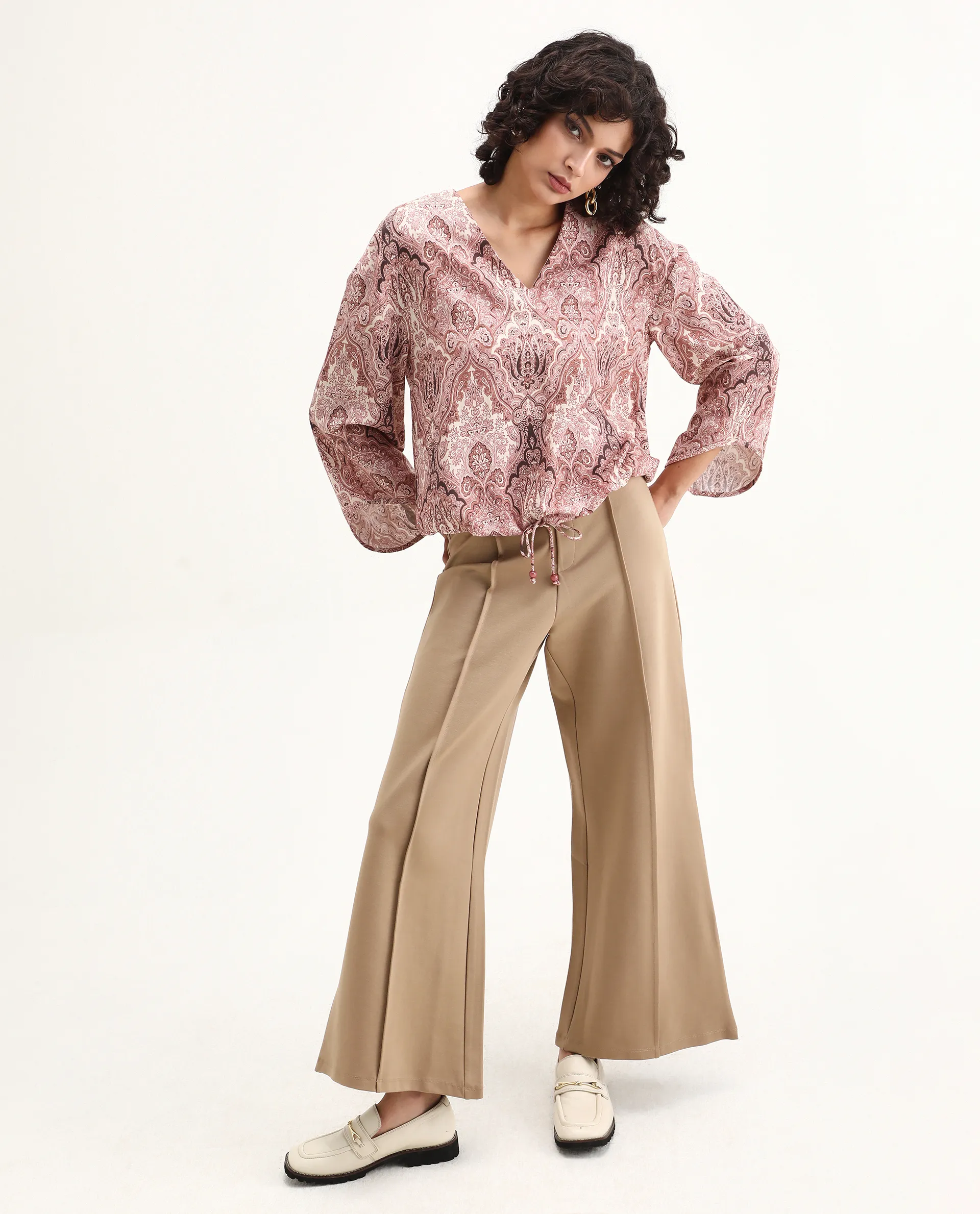 Rareism Women's Roneltie Light Brown Viscose V-Neck Ornamental Print Relaxed Fit Top - Image 2
