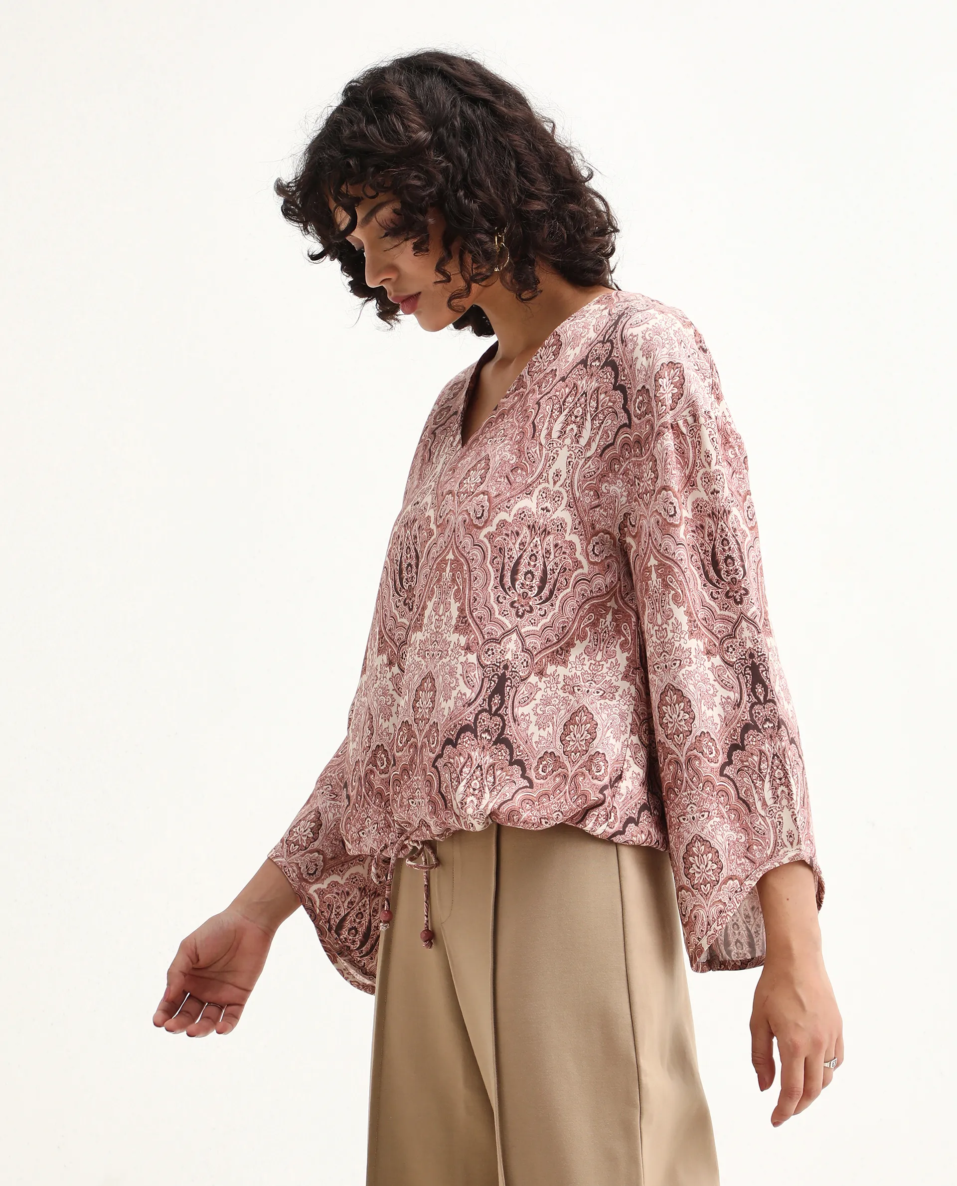 Rareism Women's Roneltie Light Brown Viscose V-Neck Ornamental Print Relaxed Fit Top - Image 3