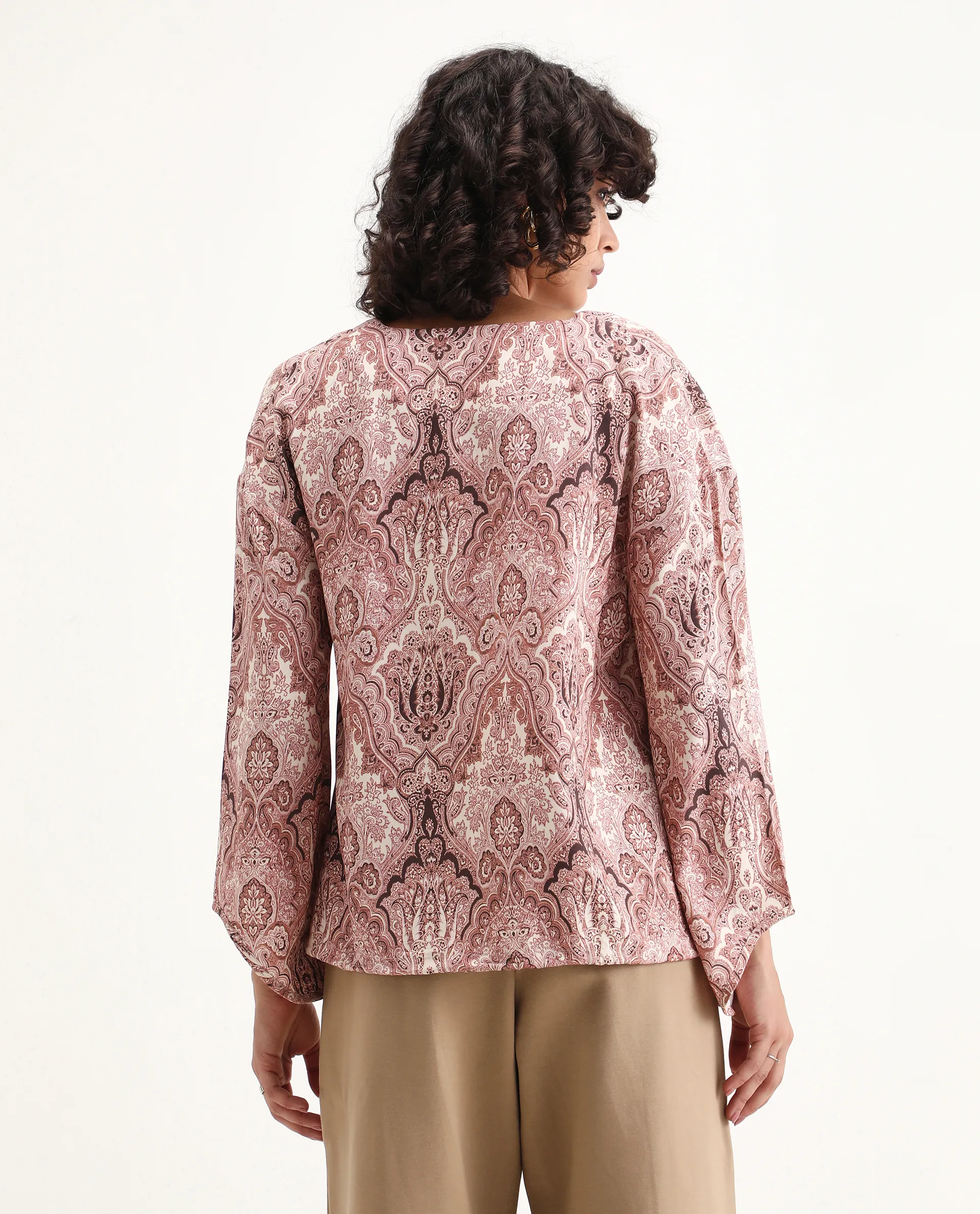 Rareism Women's Roneltie Light Brown Viscose V-Neck Ornamental Print Relaxed Fit Top - Image 4
