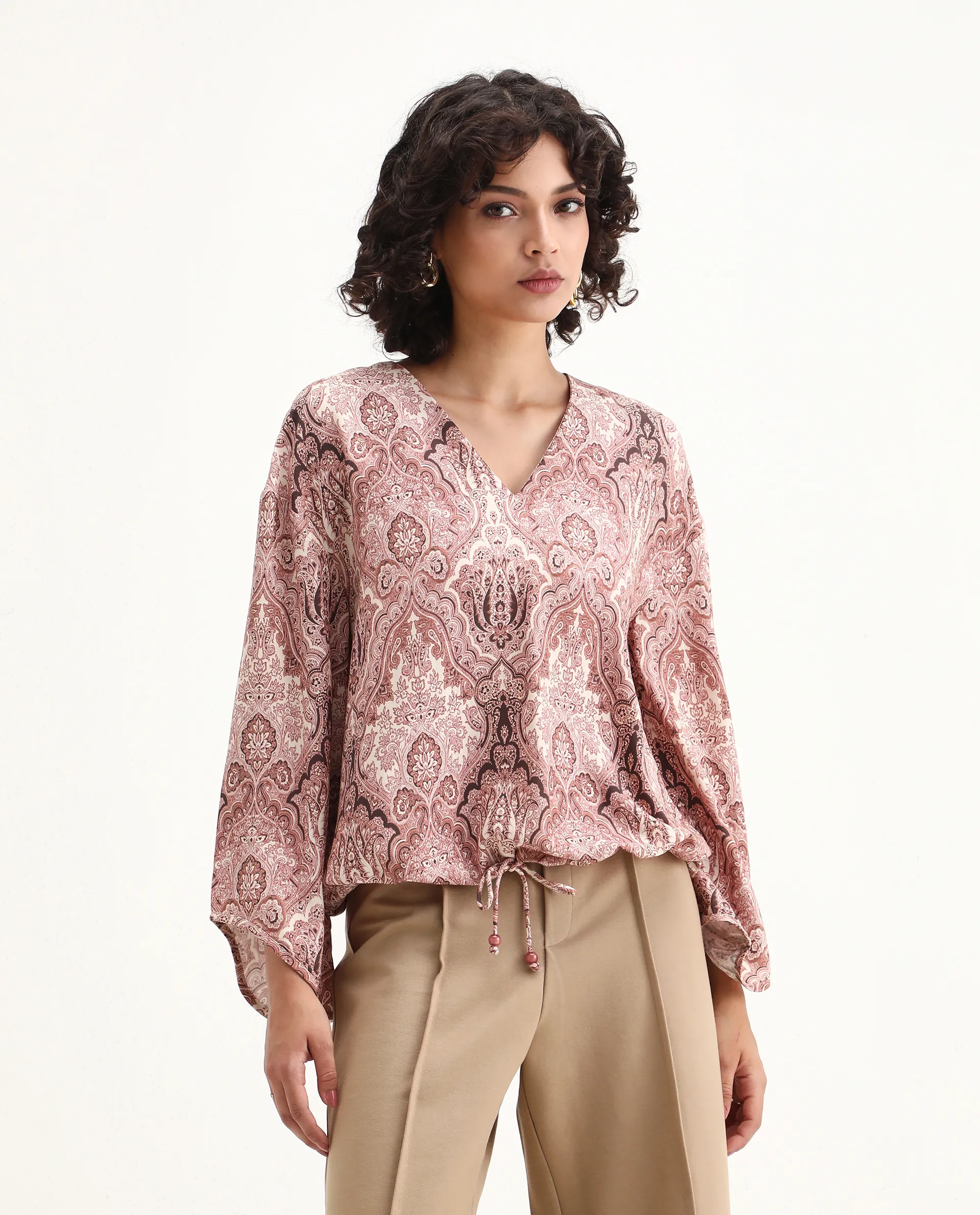 Rareism Women's Roneltie Light Brown Viscose V-Neck Ornamental Print Relaxed Fit Top - Image 5