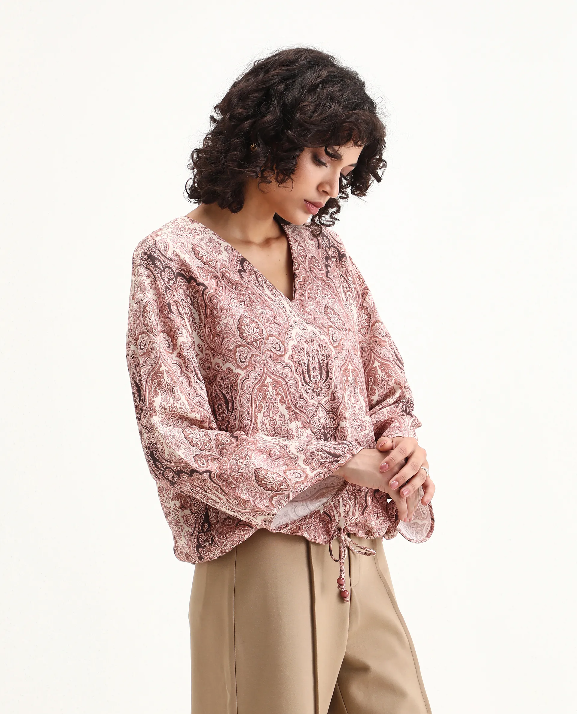 Rareism Women's Roneltie Light Brown Viscose V-Neck Ornamental Print Relaxed Fit Top - Image 6