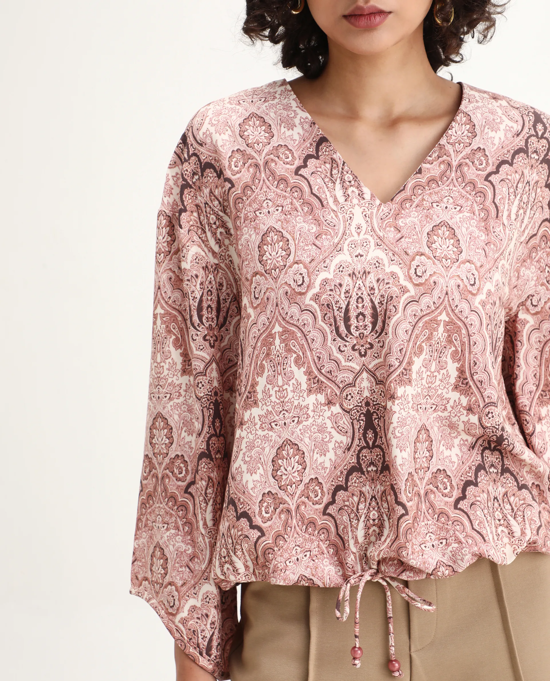 Rareism Women's Roneltie Light Brown Viscose V-Neck Ornamental Print Relaxed Fit Top - Image 7