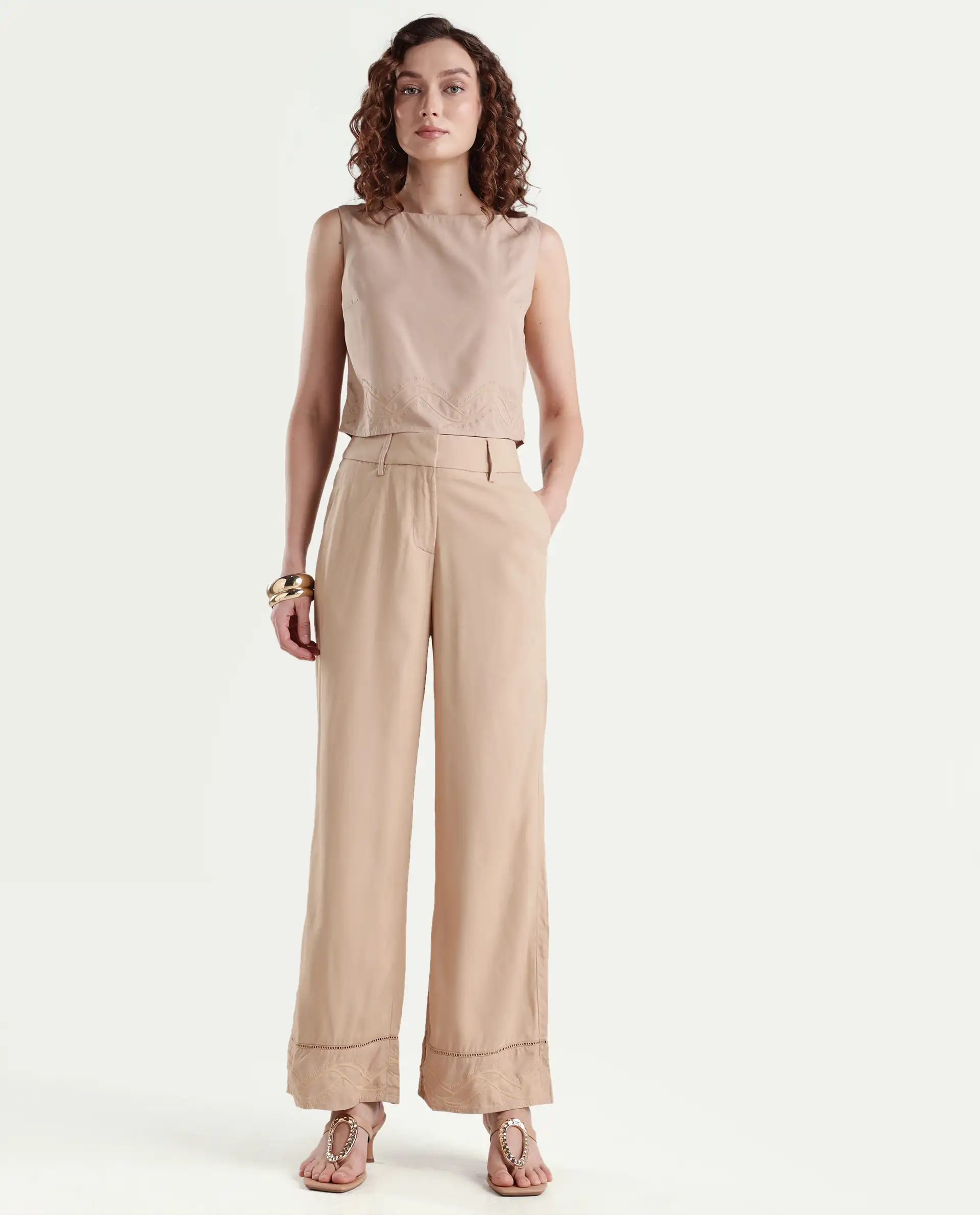 Rareism Women's Roneshif B Beige Viscose Plain Ankle Length Straight Fit Trouser - Image 2