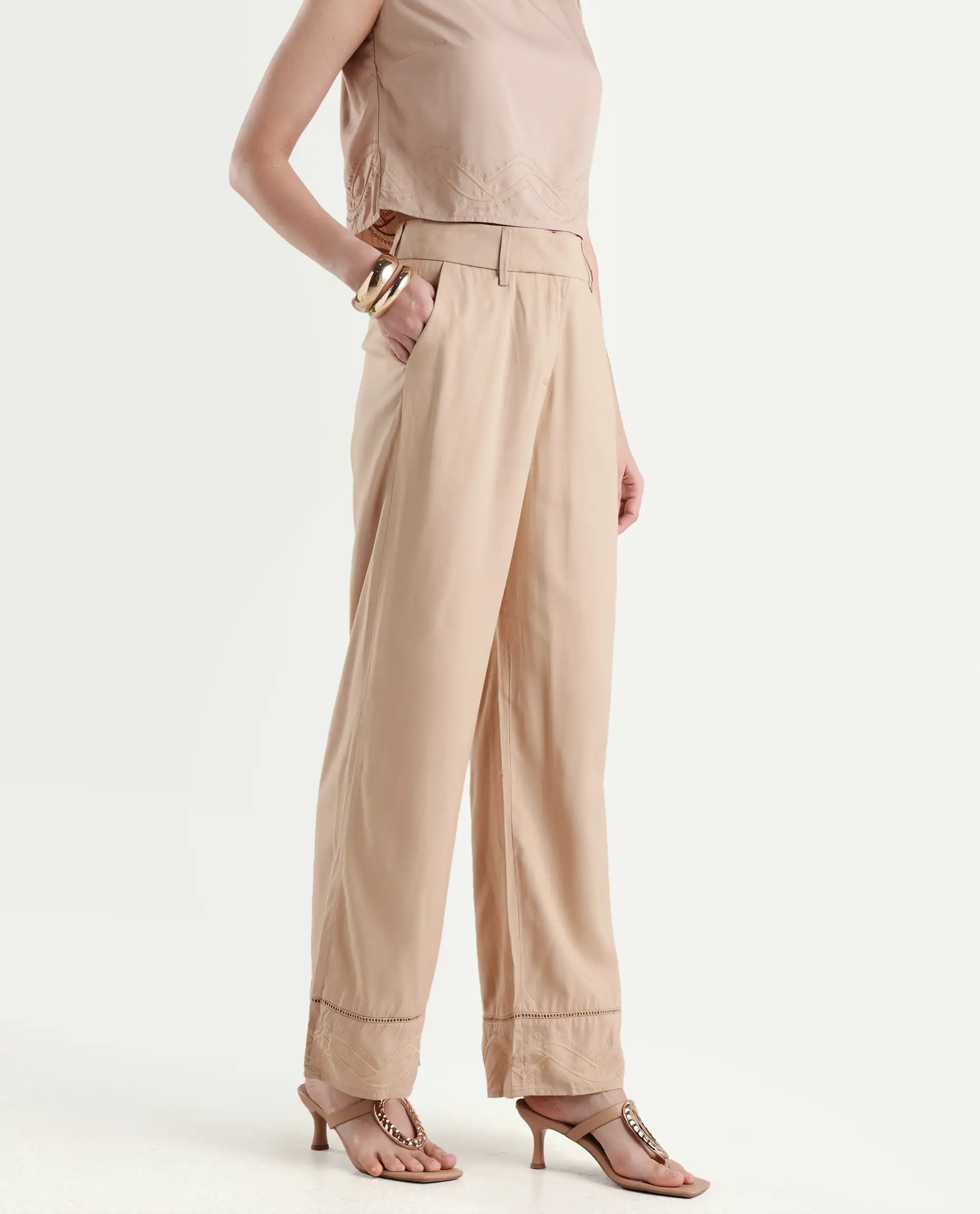 Rareism Women's Roneshif B Beige Viscose Plain Ankle Length Straight Fit Trouser - Image 3