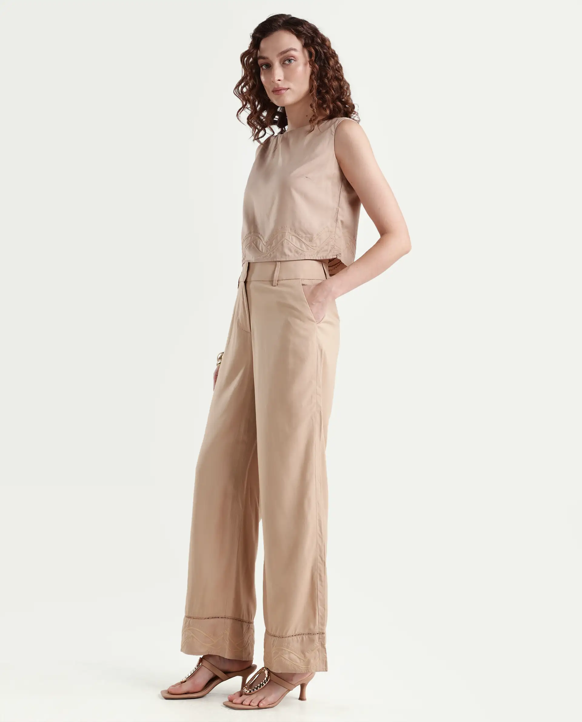 Rareism Women's Roneshif B Beige Viscose Plain Ankle Length Straight Fit Trouser - Image 5