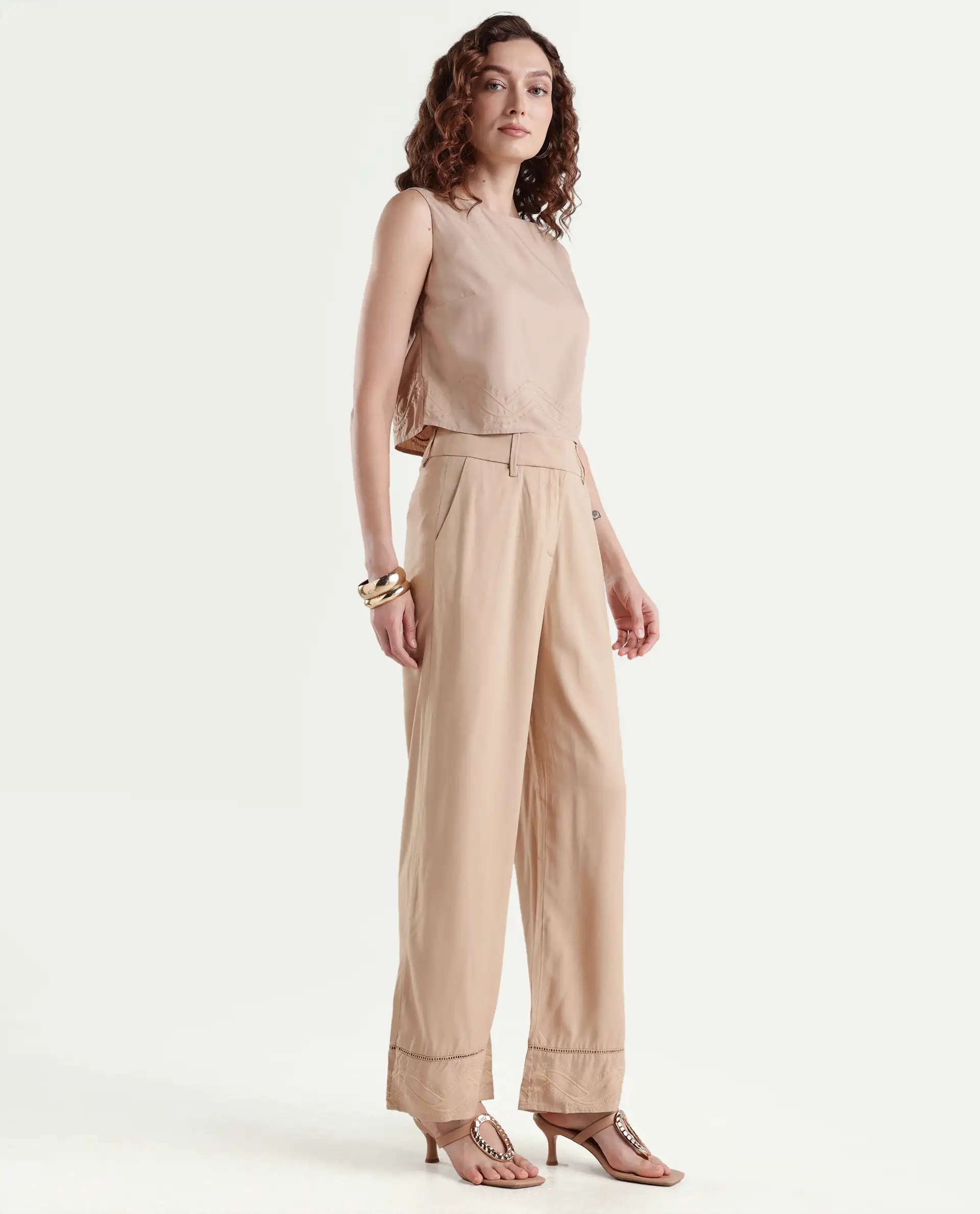 Rareism Women's Roneshif B Beige Viscose Plain Ankle Length Straight Fit Trouser - Image 6