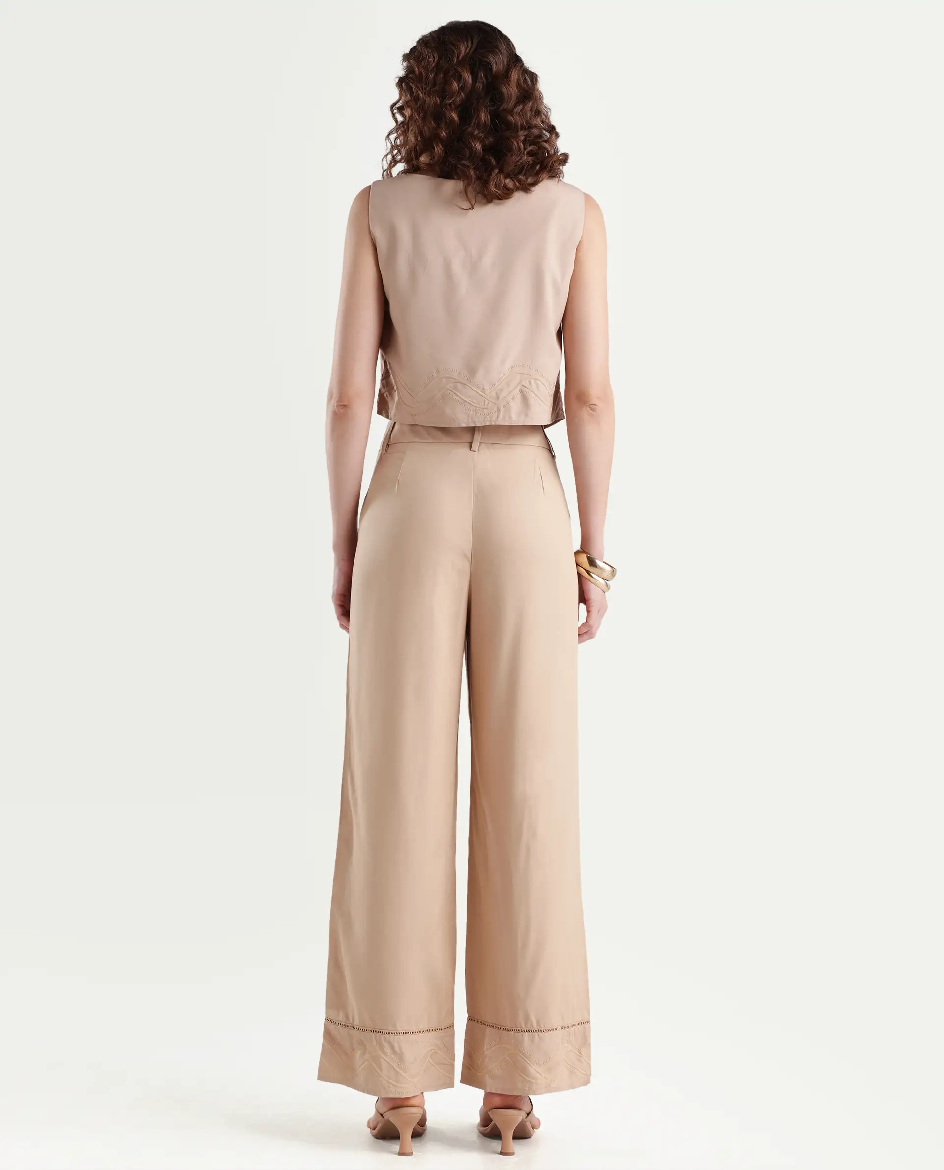 Rareism Women's Roneshif B Beige Viscose Plain Ankle Length Straight Fit Trouser - Image 7