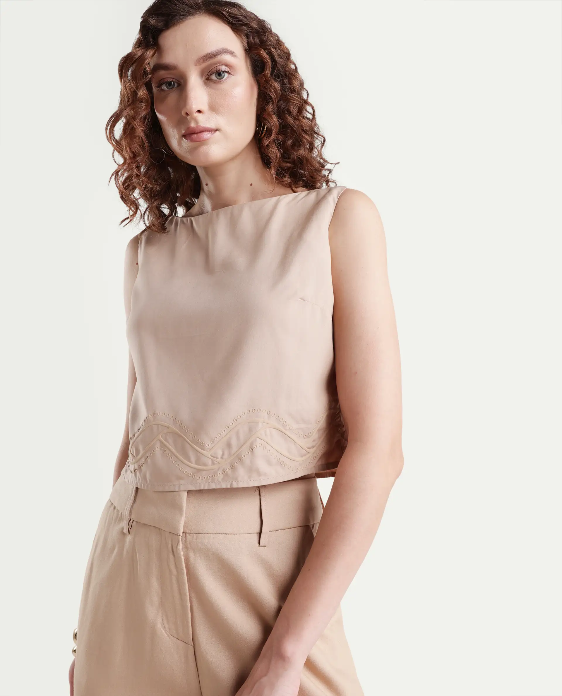 Rareism Women's Roneshif T Beige Viscose Round Neck Plain Sleeveless Crop Regular Fit Top