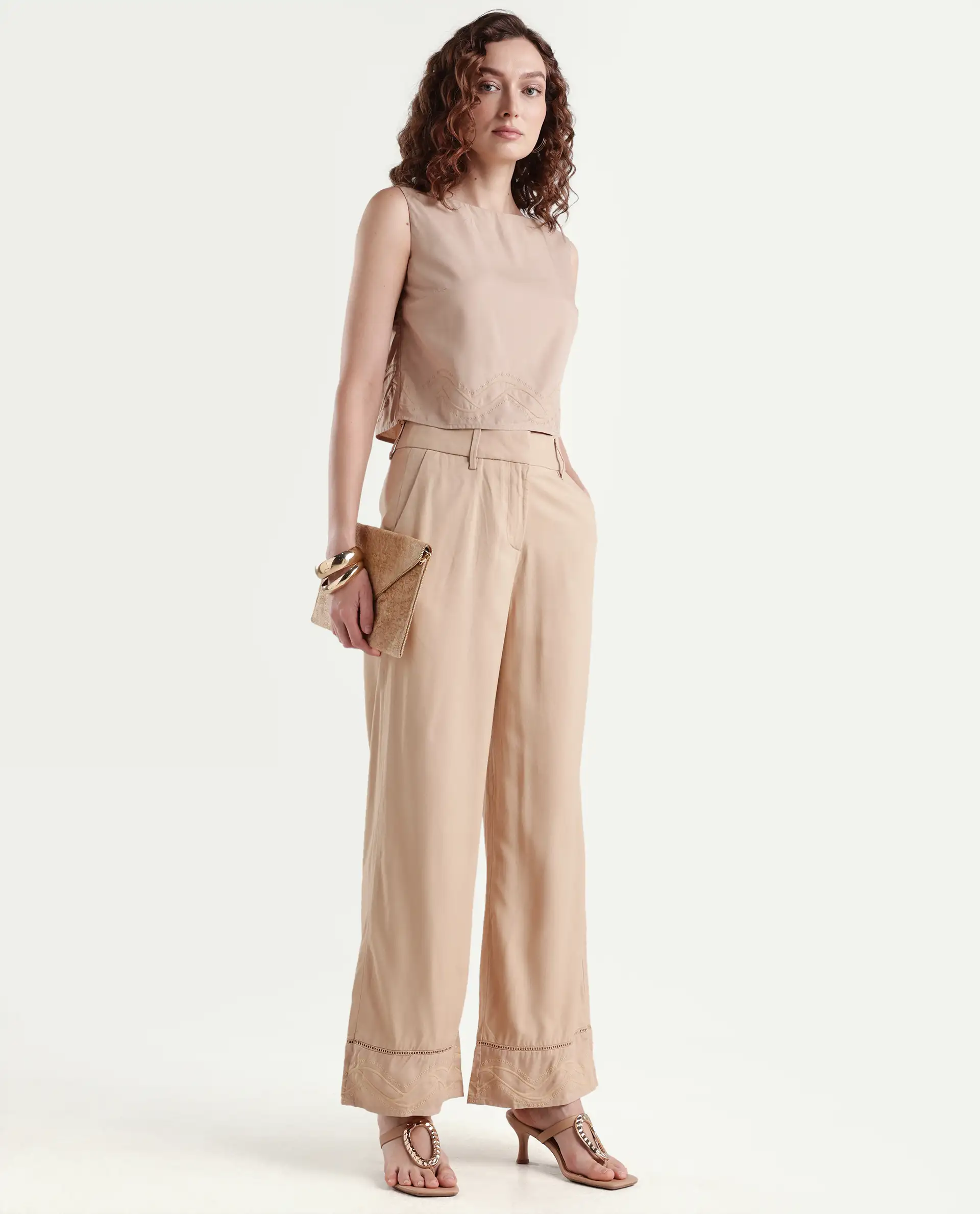 Rareism Women's Roneshif T Beige Viscose Round Neck Plain Sleeveless Crop Regular Fit Top - Image 2