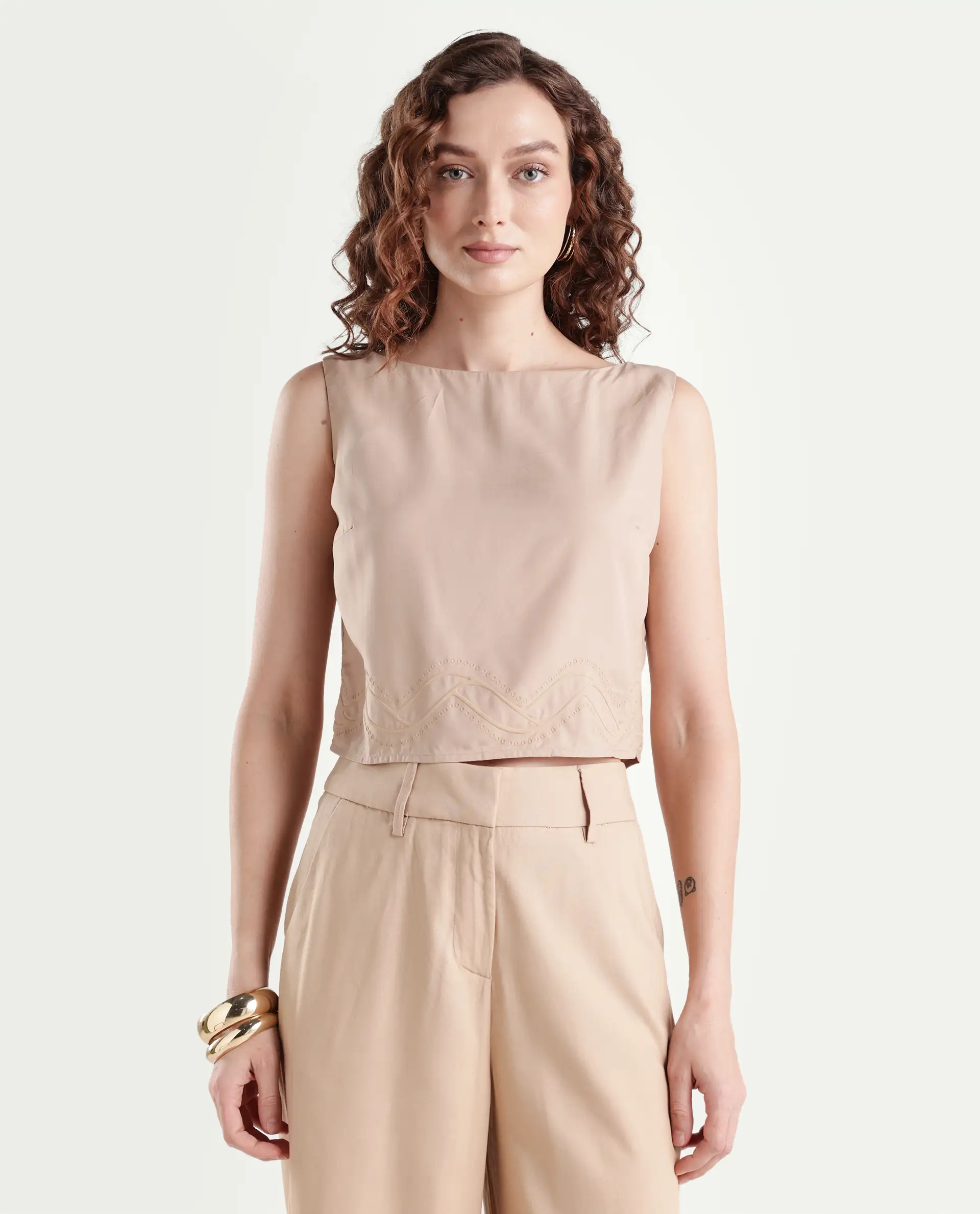 Rareism Women's Roneshif T Beige Viscose Round Neck Plain Sleeveless Crop Regular Fit Top - Image 3