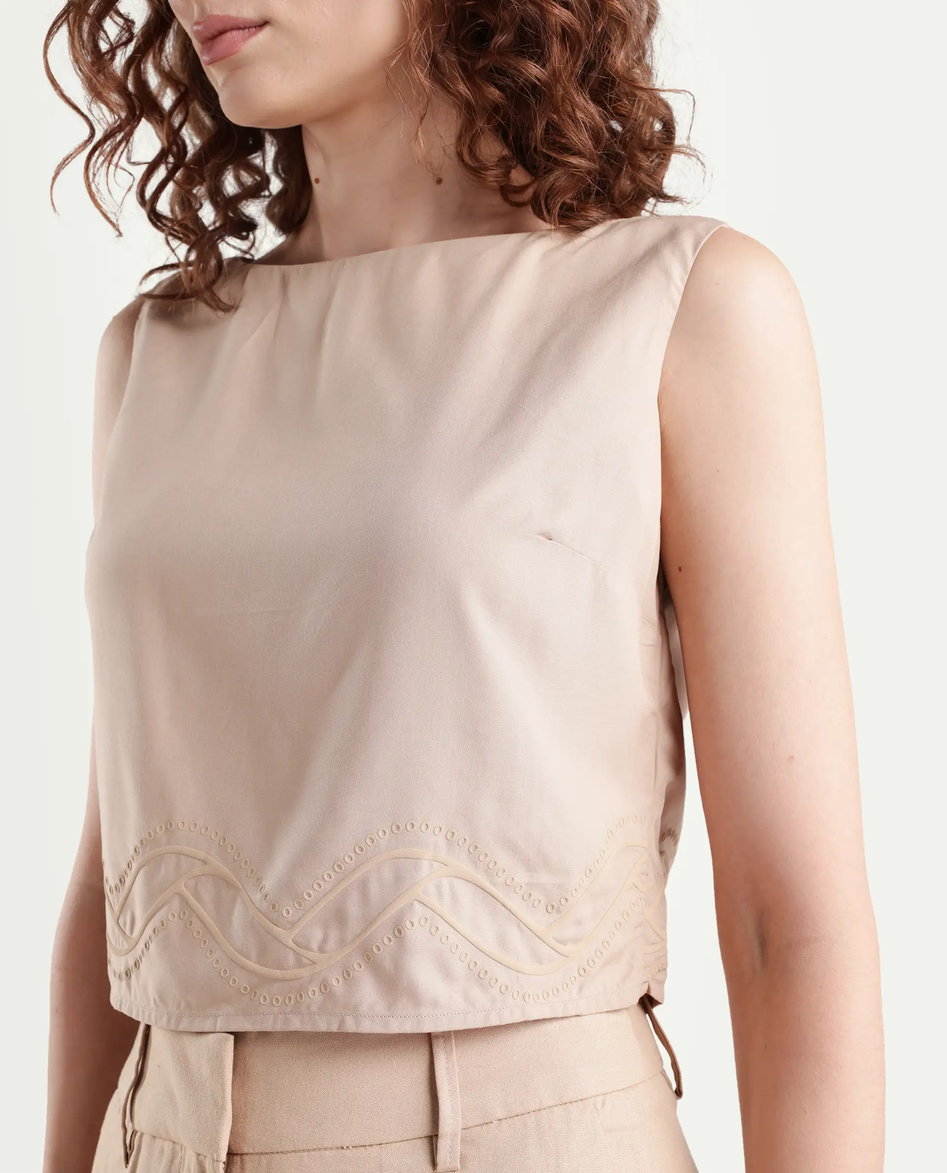 Rareism Women's Roneshif T Beige Viscose Round Neck Plain Sleeveless Crop Regular Fit Top - Image 4