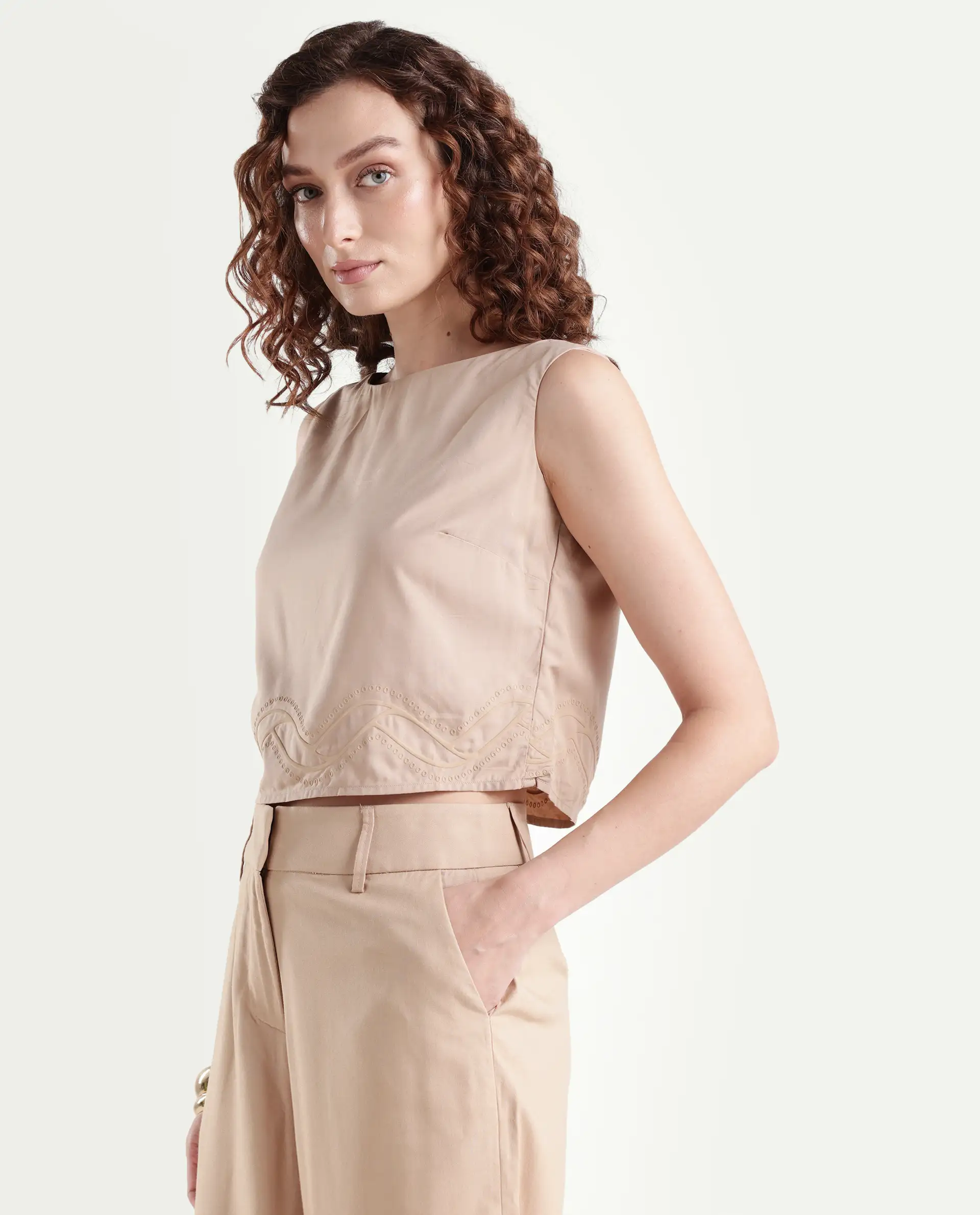 Rareism Women's Roneshif T Beige Viscose Round Neck Plain Sleeveless Crop Regular Fit Top - Image 5