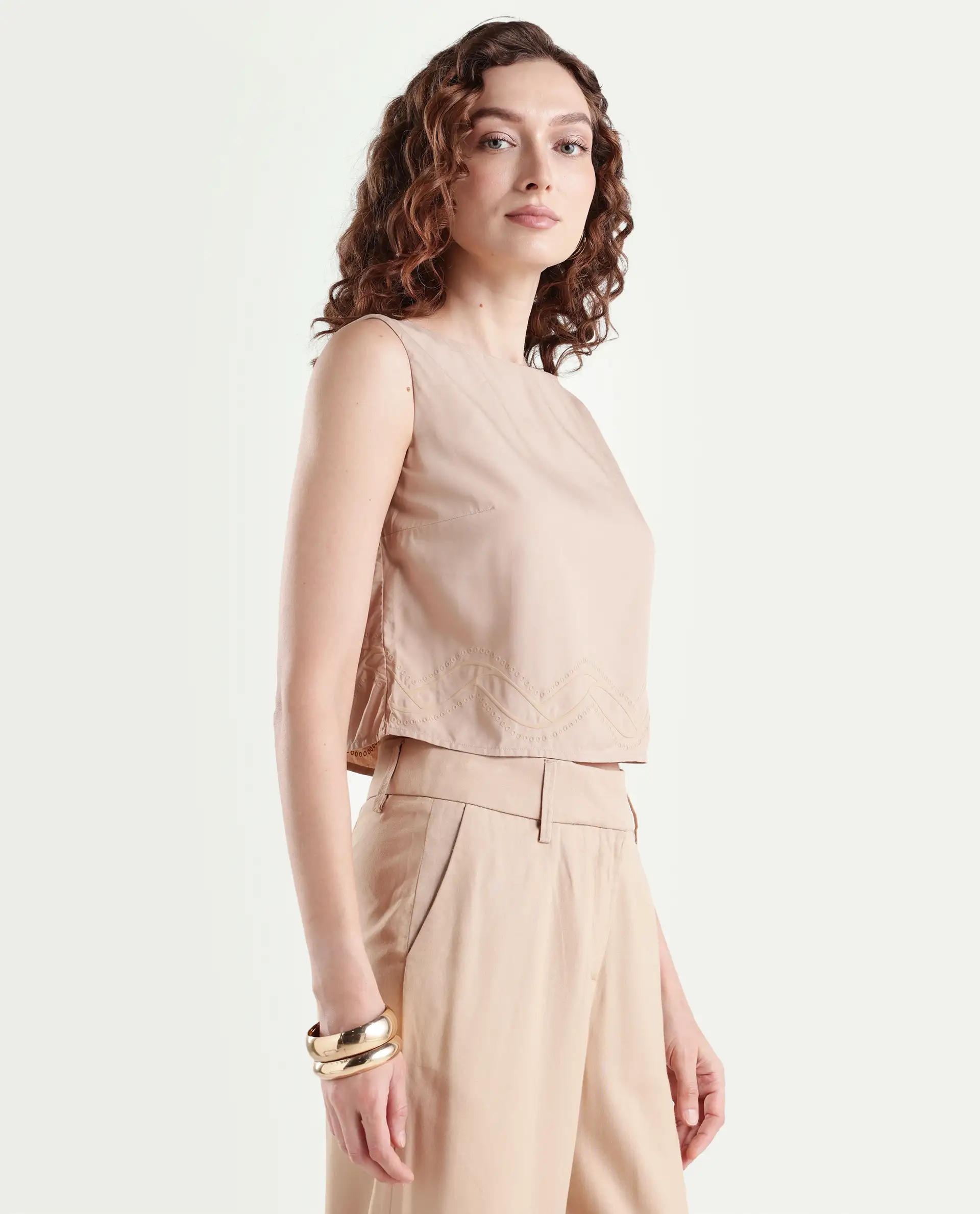 Rareism Women's Roneshif T Beige Viscose Round Neck Plain Sleeveless Crop Regular Fit Top - Image 6