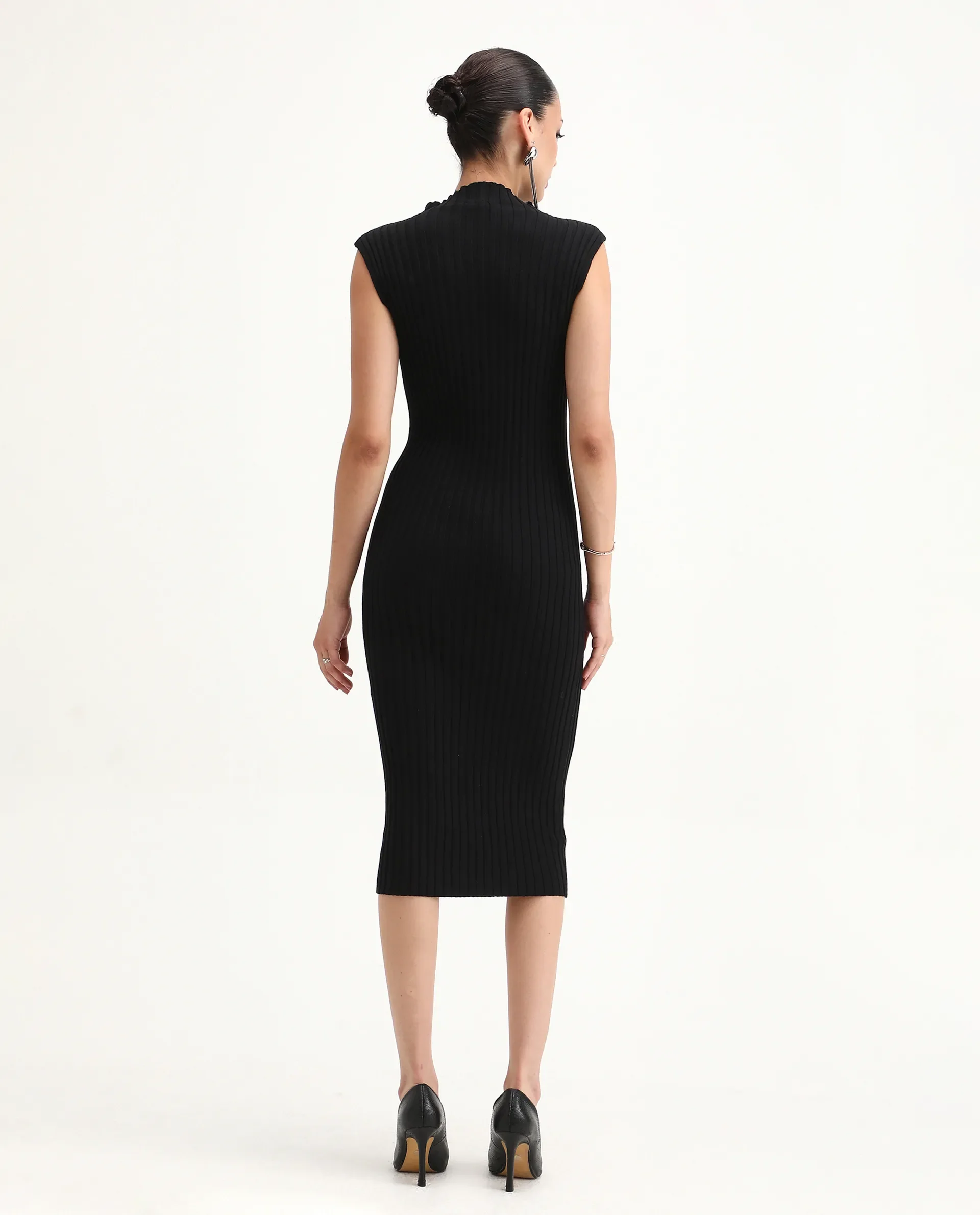 Rareism Women's Ronfa Black Viscose Blend High Neck Plain Sleeveless Midi Bodycon Dress - Image 3
