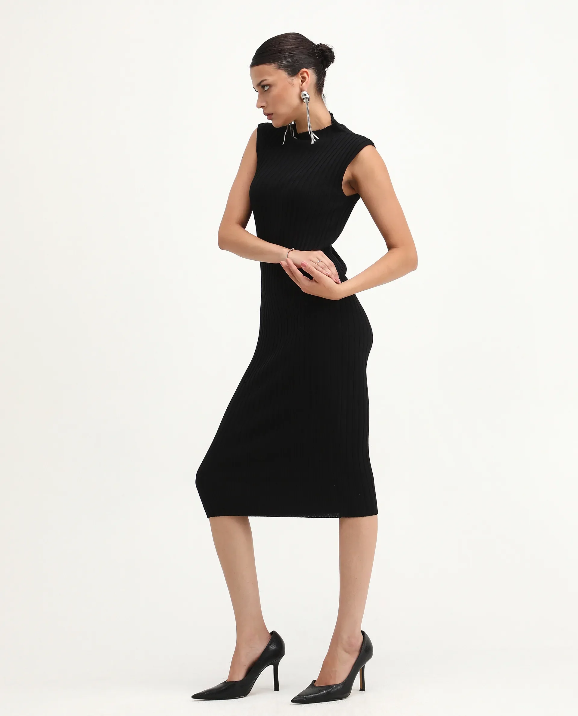 Rareism Women's Ronfa Black Viscose Blend High Neck Plain Sleeveless Midi Bodycon Dress - Image 6
