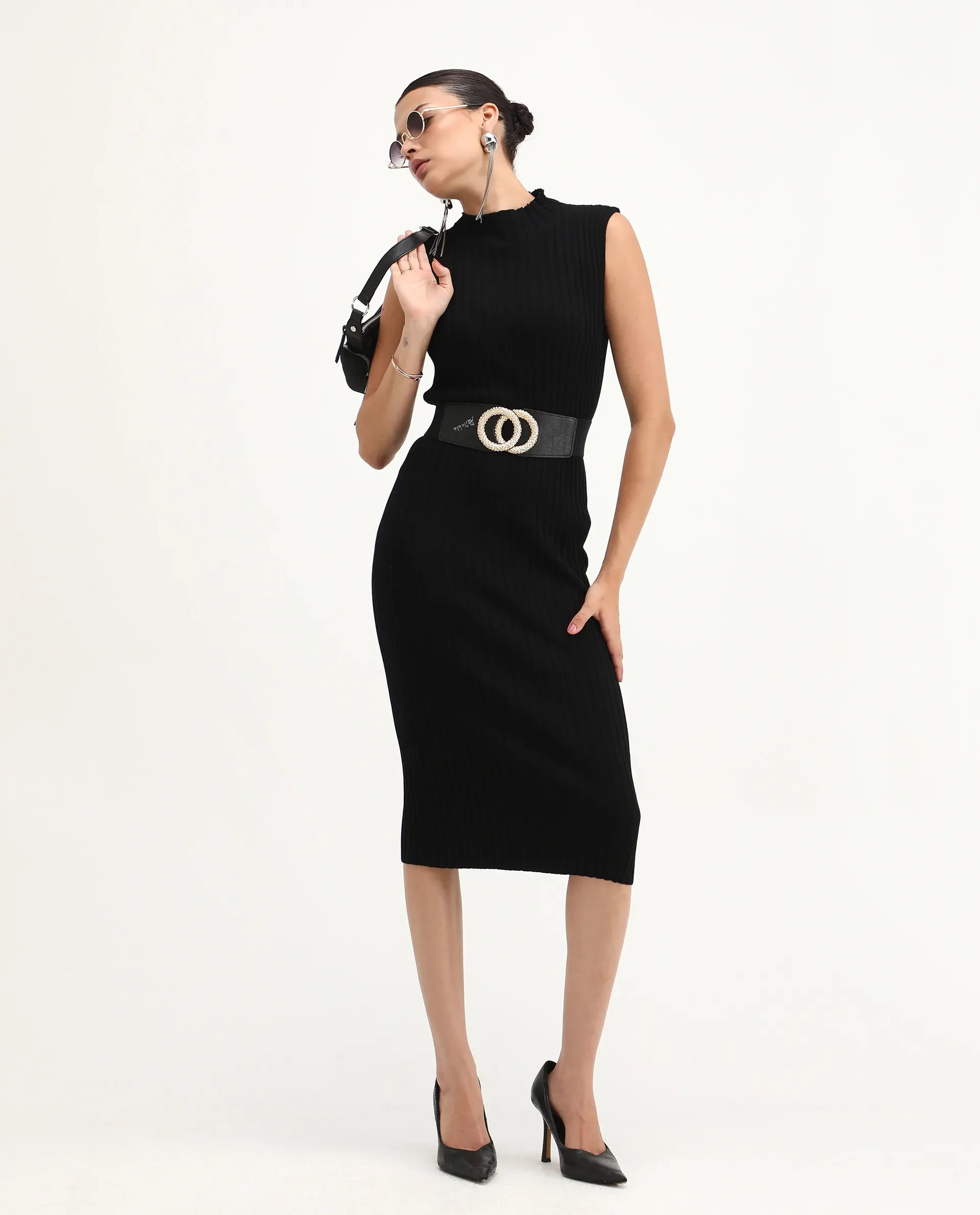 Rareism Women's Ronfa Black Viscose Blend High Neck Plain Sleeveless Midi Bodycon Dress - Image 7