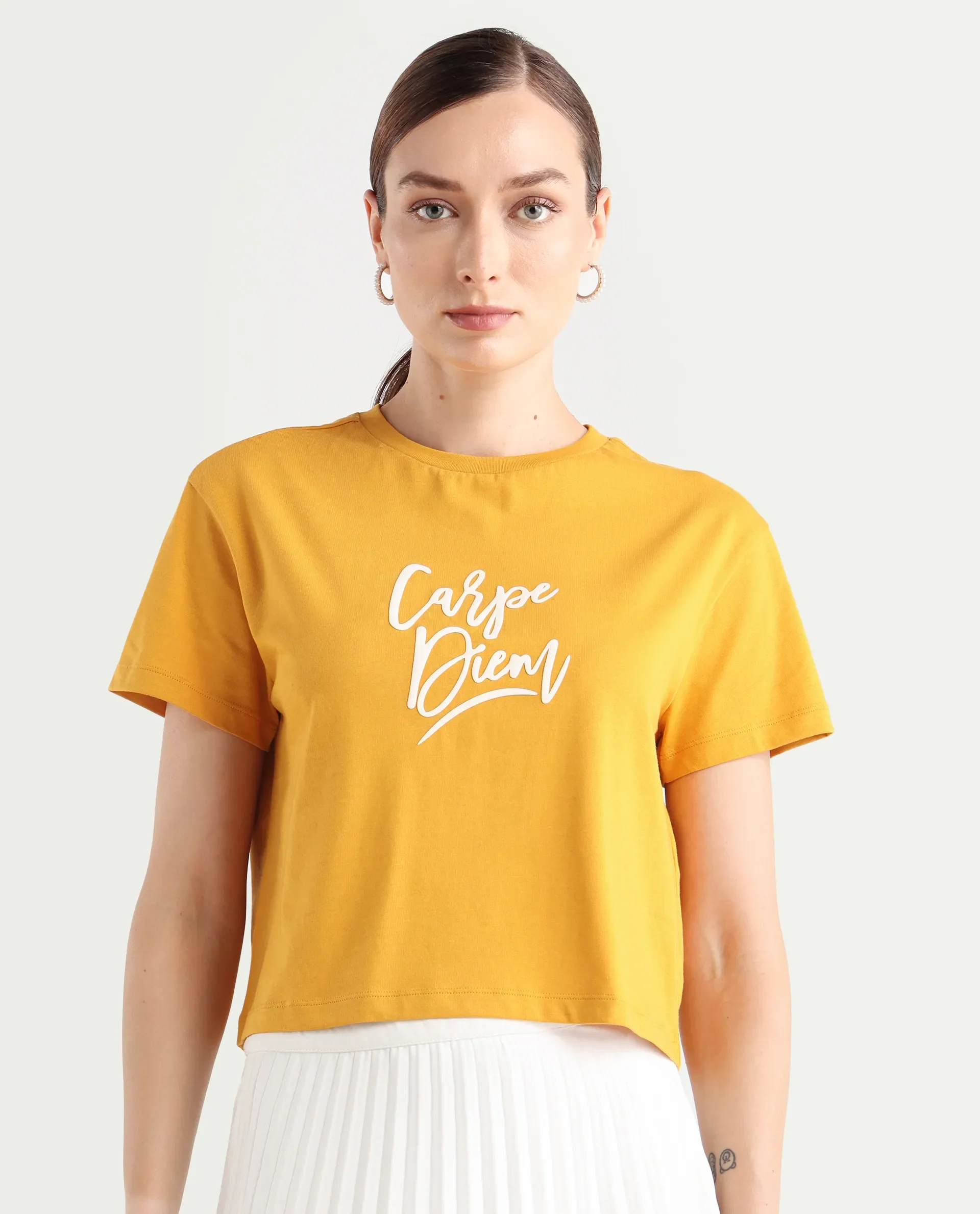 Rareism Women's Ronfel-R Mustard Cotton Regular Typography Print T-Shirt - Image 3