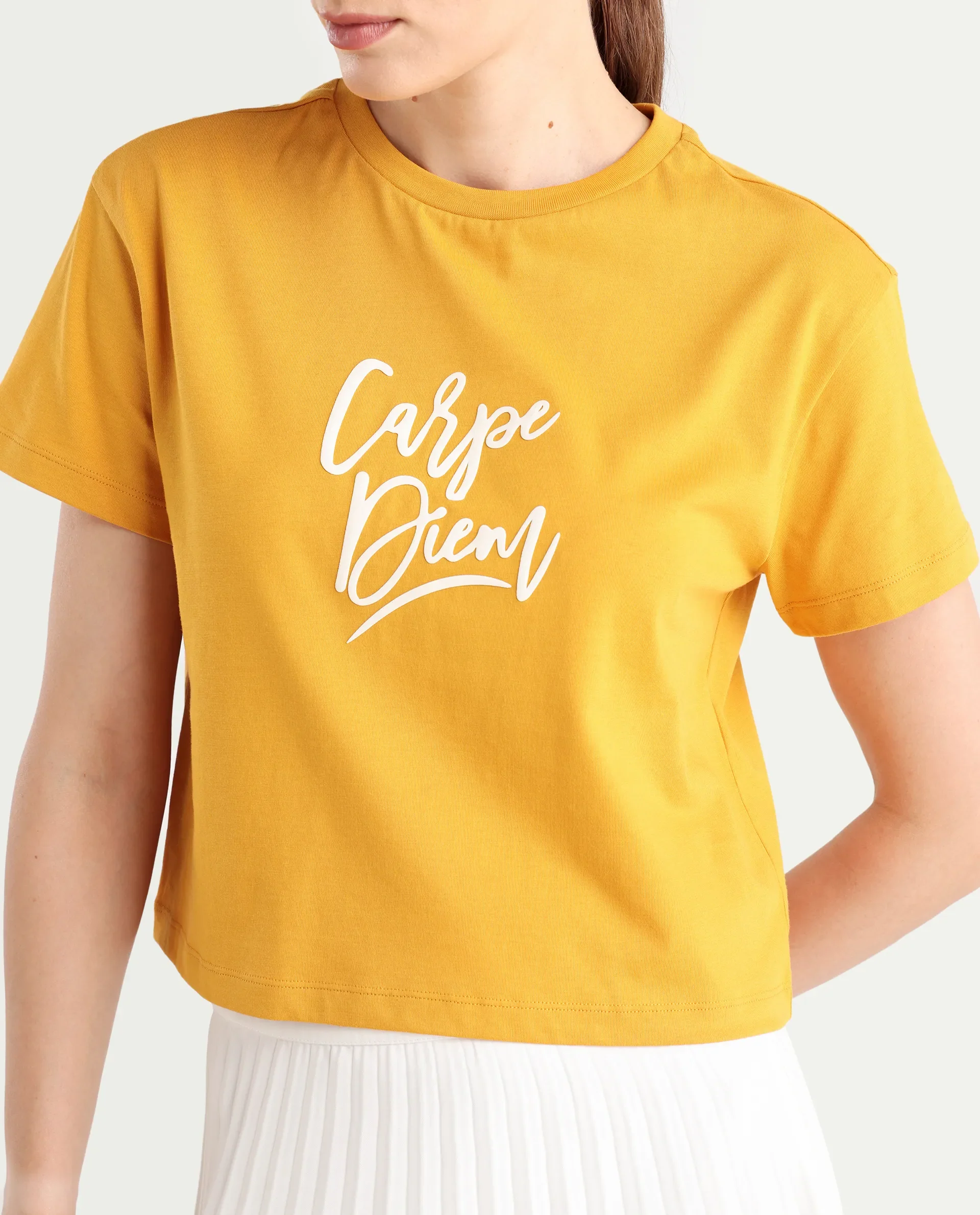 Rareism Women's Ronfel-R Mustard Cotton Regular Typography Print T-Shirt - Image 4