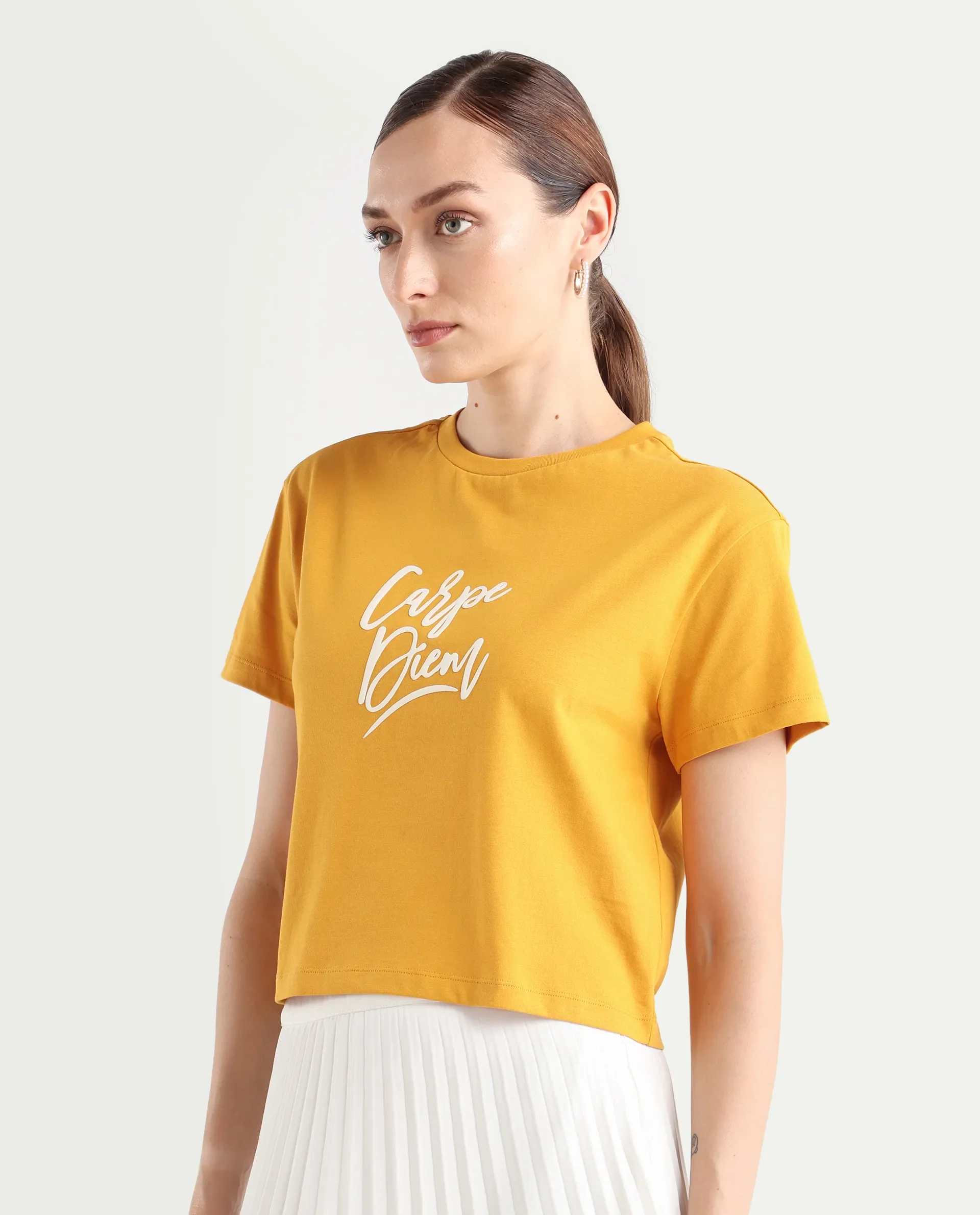 Rareism Women's Ronfel-R Mustard Cotton Regular Typography Print T-Shirt - Image 5