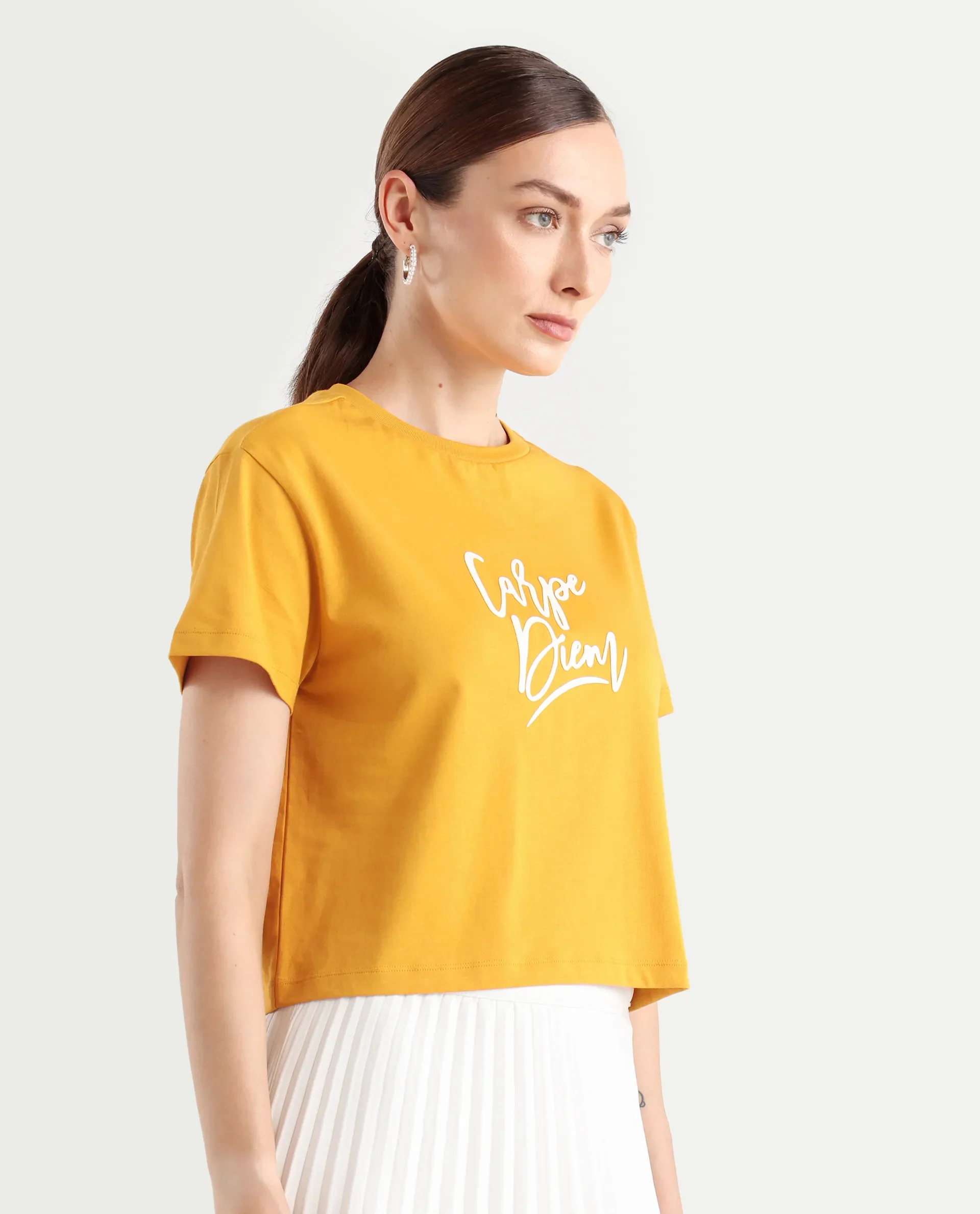 Rareism Women's Ronfel-R Mustard Cotton Regular Typography Print T-Shirt - Image 6