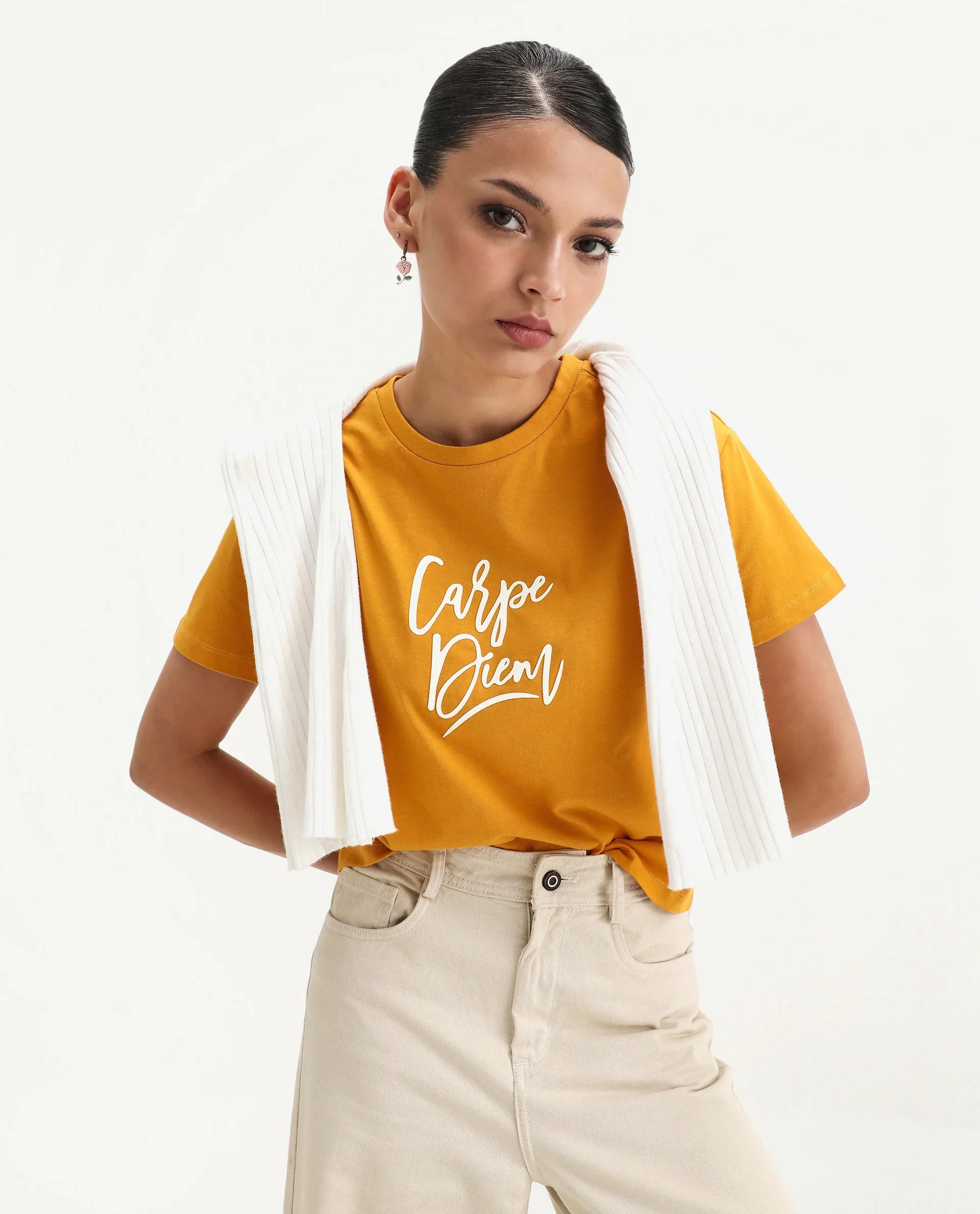 Rareism Women's Ronfel Mustard Cotton Round Neck Typography Print Crop Regular Fit T-Shirt