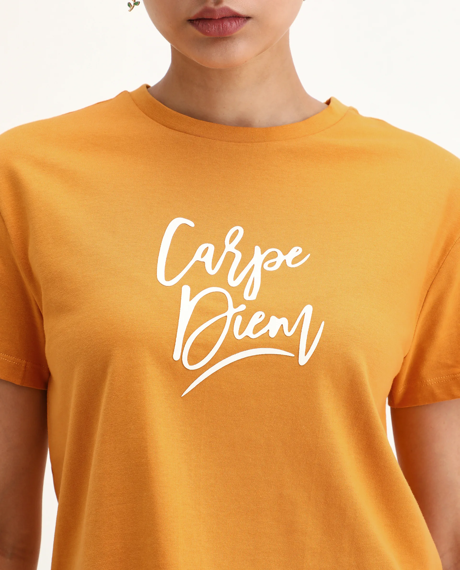 Rareism Women's Ronfel Mustard Cotton Round Neck Typography Print Crop Regular Fit T-Shirt - Image 2