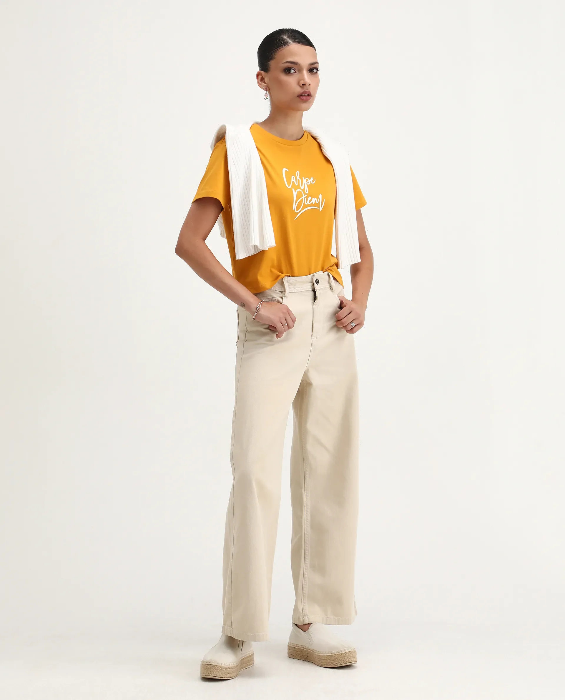 Rareism Women's Ronfel Mustard Cotton Round Neck Typography Print Crop Regular Fit T-Shirt - Image 3