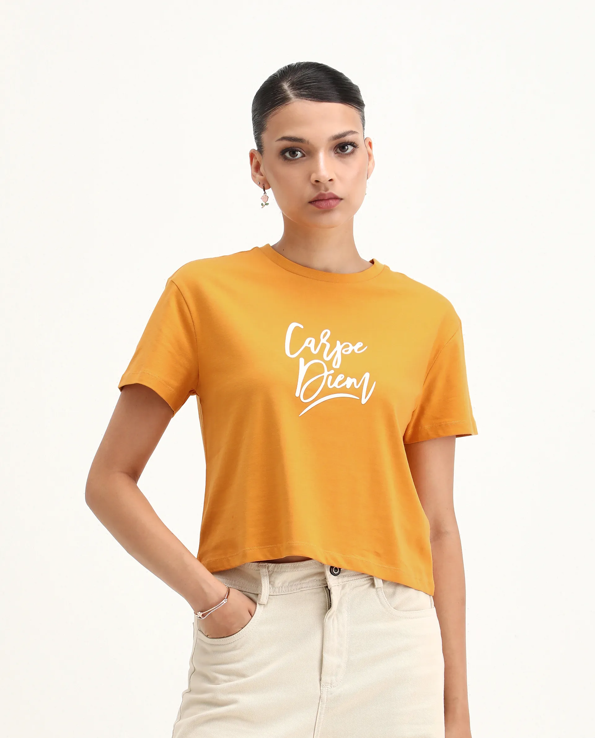 Rareism Women's Ronfel Mustard Cotton Round Neck Typography Print Crop Regular Fit T-Shirt - Image 5