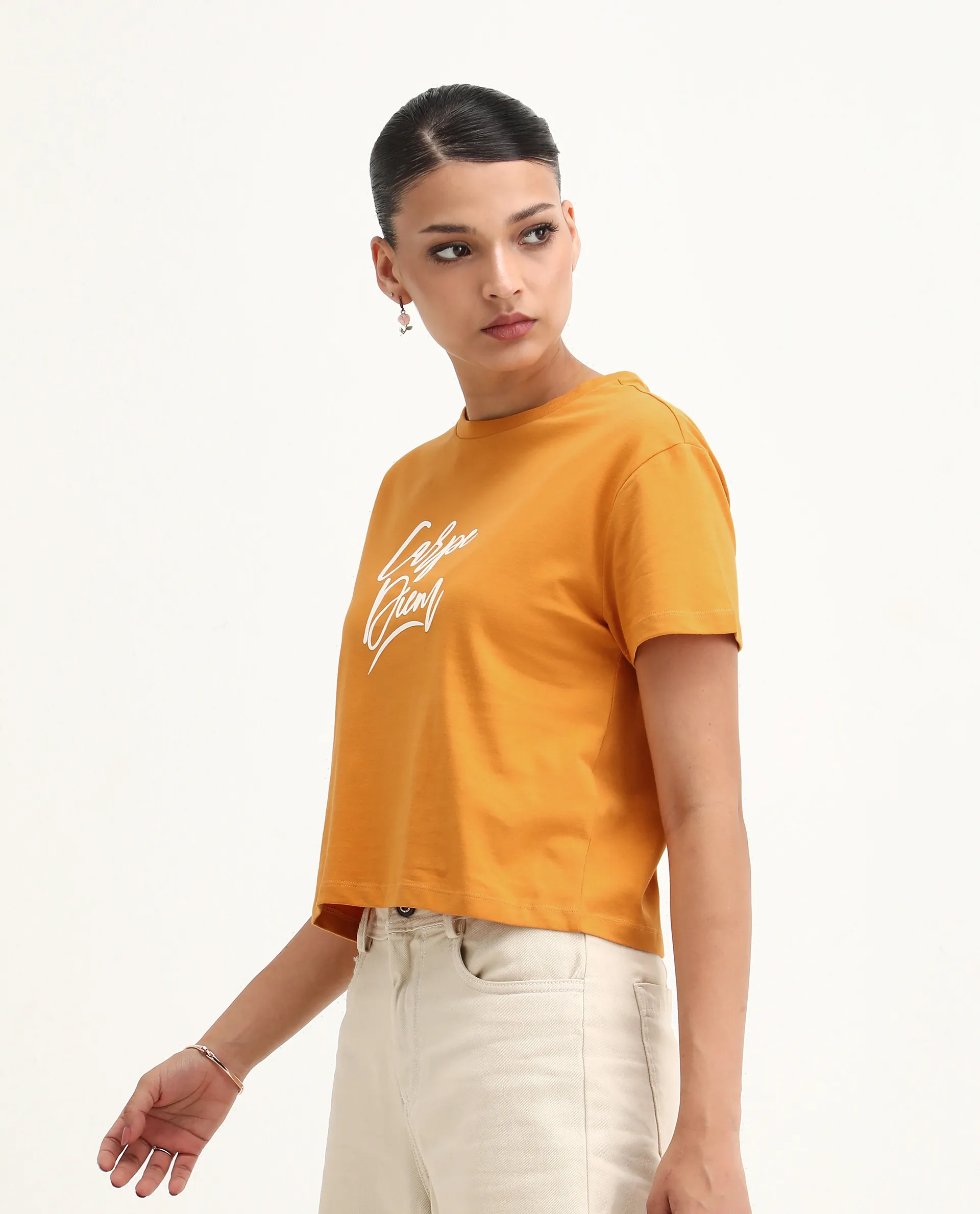 Rareism Women's Ronfel Mustard Cotton Round Neck Typography Print Crop Regular Fit T-Shirt - Image 6