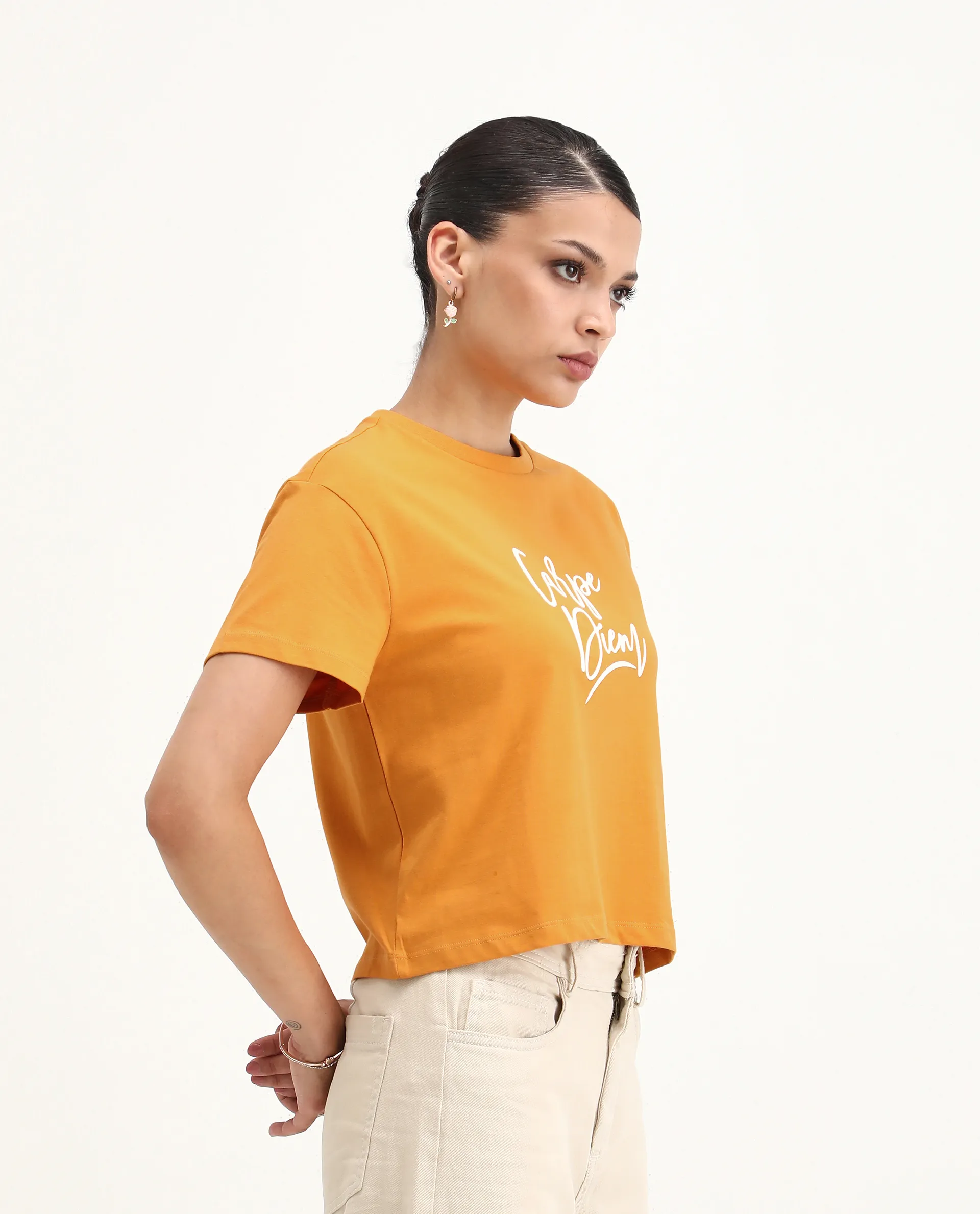 Rareism Women's Ronfel Mustard Cotton Round Neck Typography Print Crop Regular Fit T-Shirt - Image 7