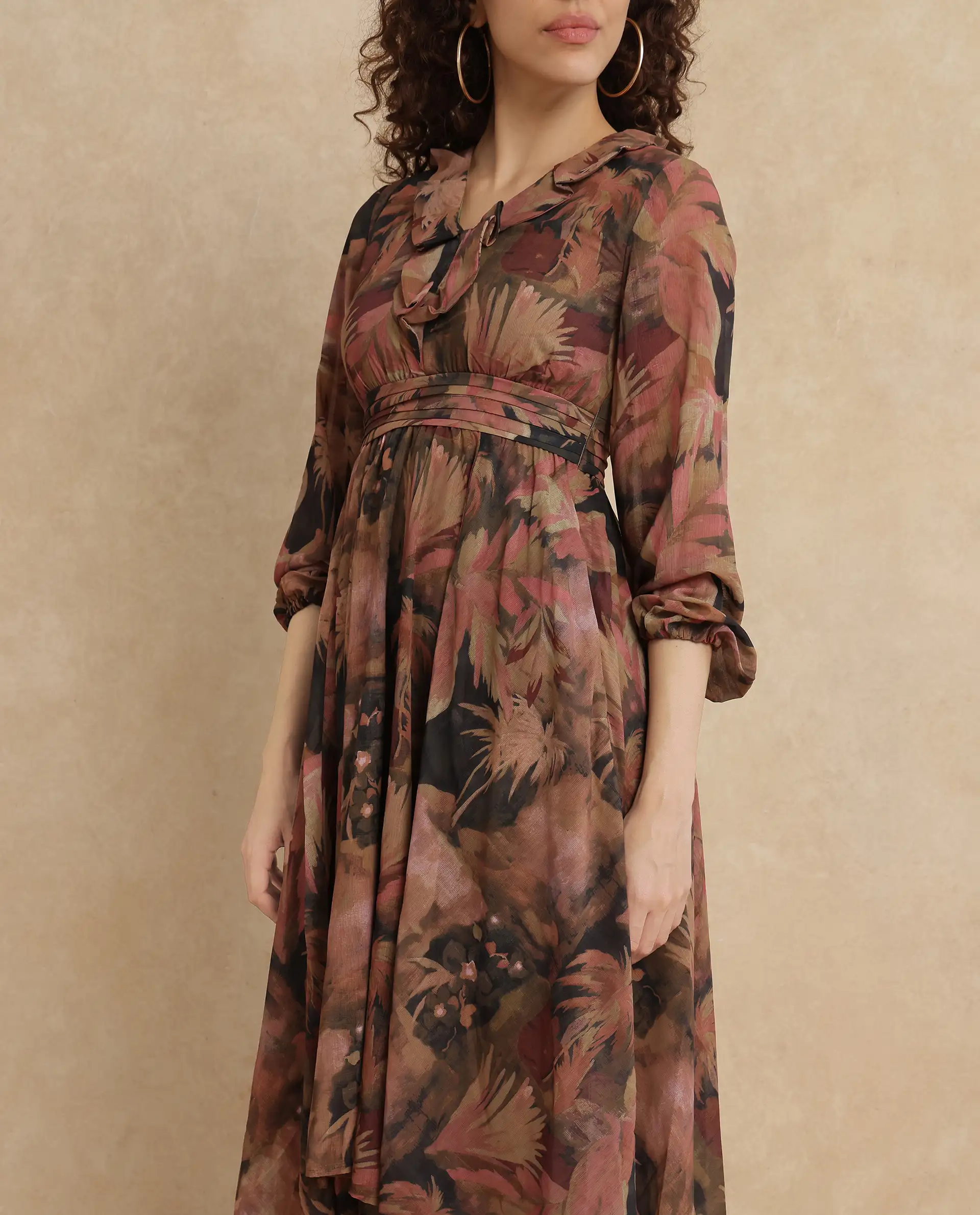 Rareism Women's Ronfriko Dark Green Polyester V-Neck Floral Print Bell Sleeve Midi Fit And Flare Dress - Image 2