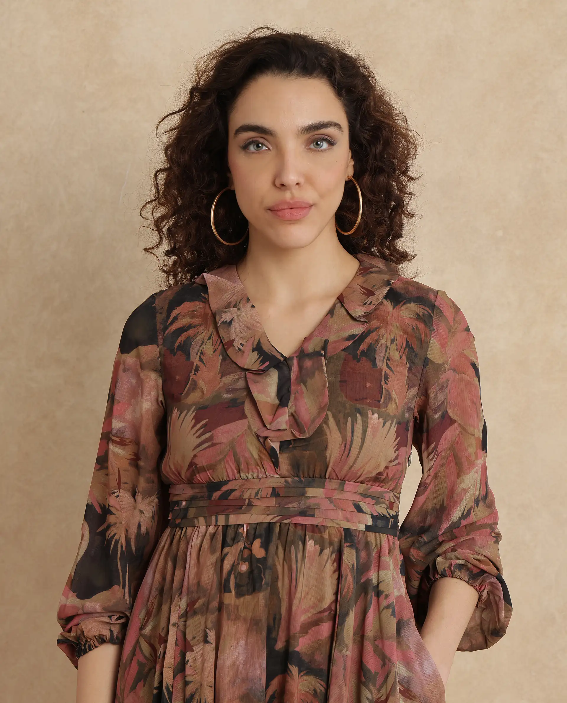 Rareism Women's Ronfriko Dark Green Polyester V-Neck Floral Print Bell Sleeve Midi Fit And Flare Dress - Image 3