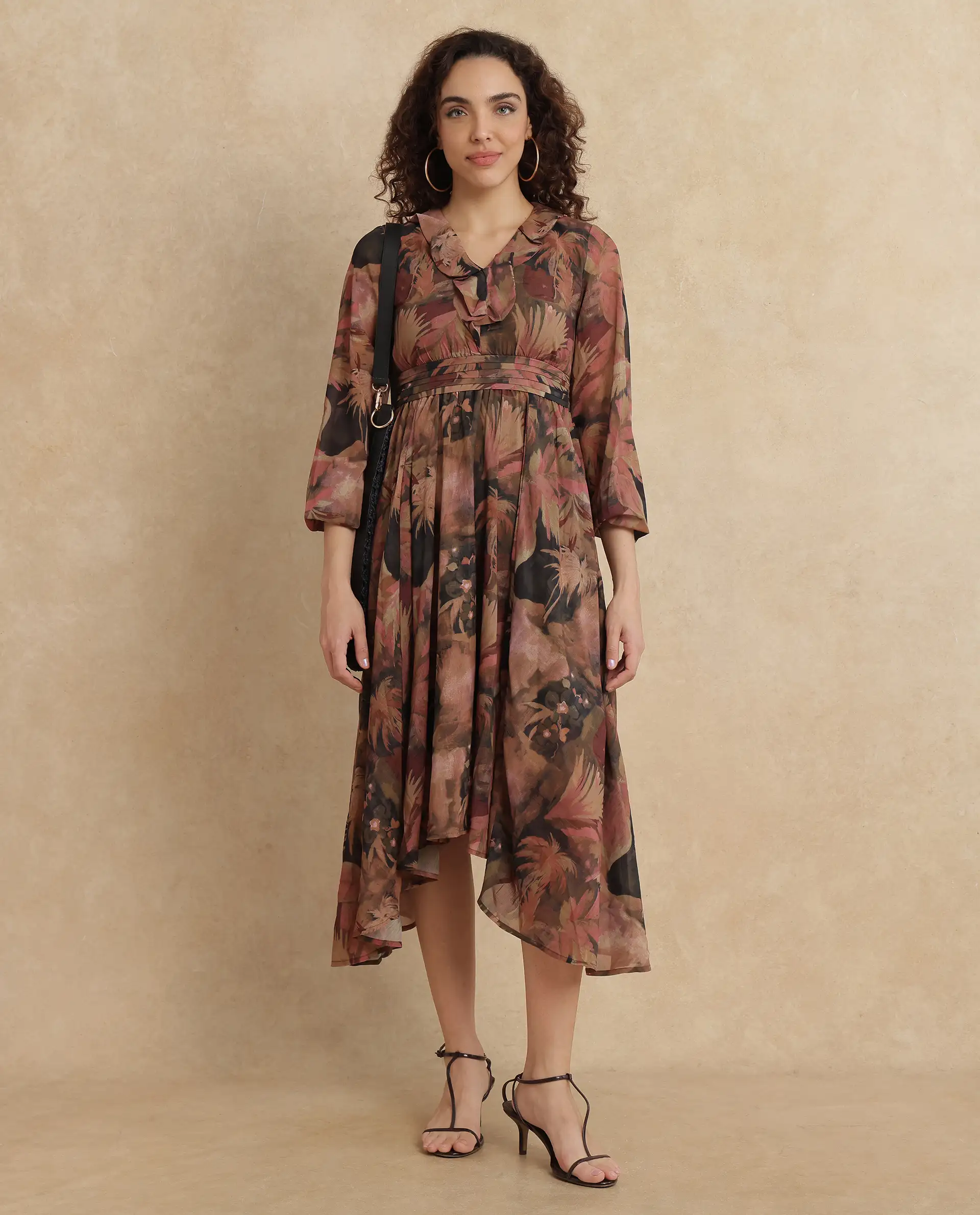 Rareism Women's Ronfriko Dark Green Polyester V-Neck Floral Print Bell Sleeve Midi Fit And Flare Dress - Image 5