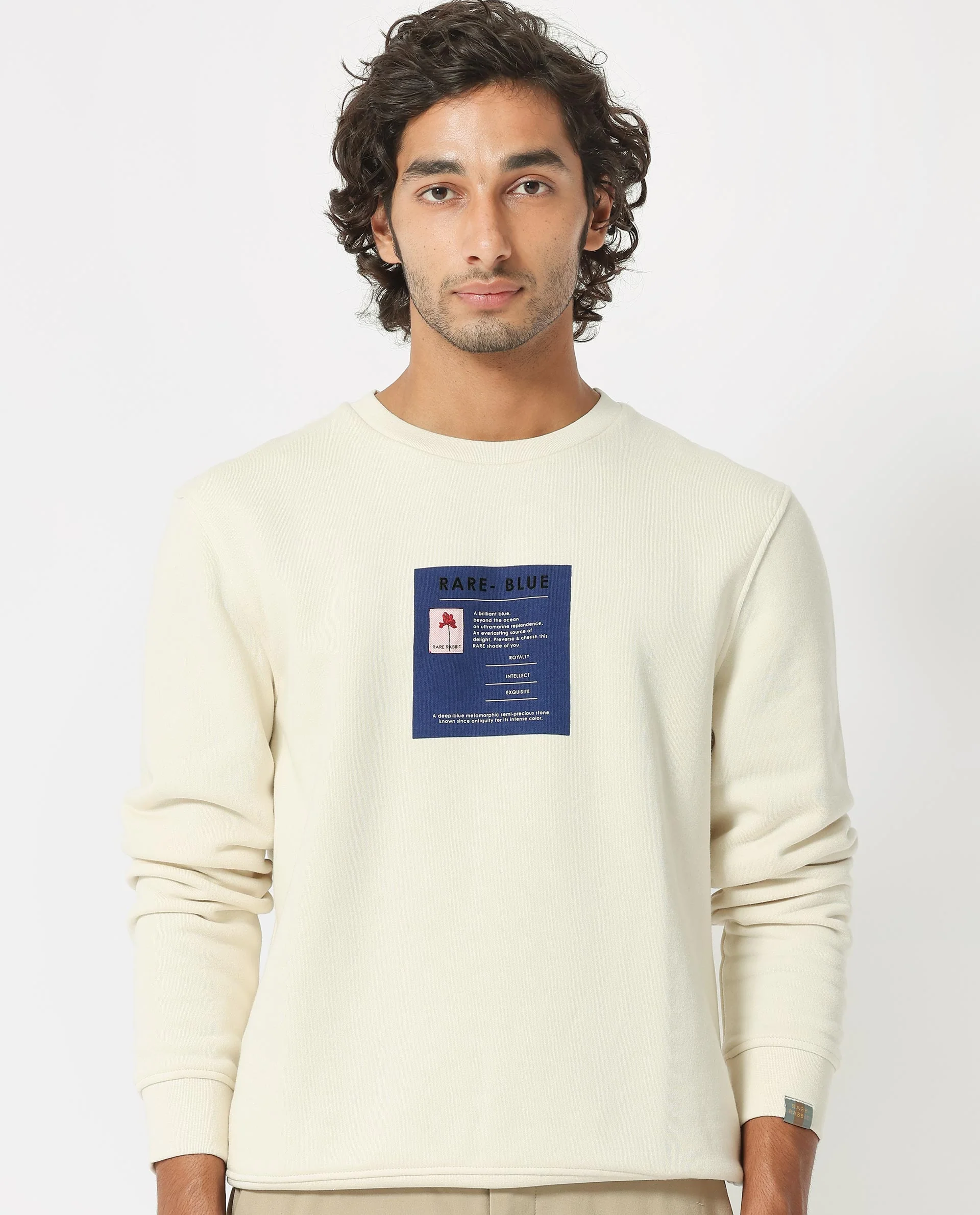Rare Rabbit Men's Rong Off White Cotton Graphic Print Relaxed Fit Full Sleeve Crew Neck Sweatshirt