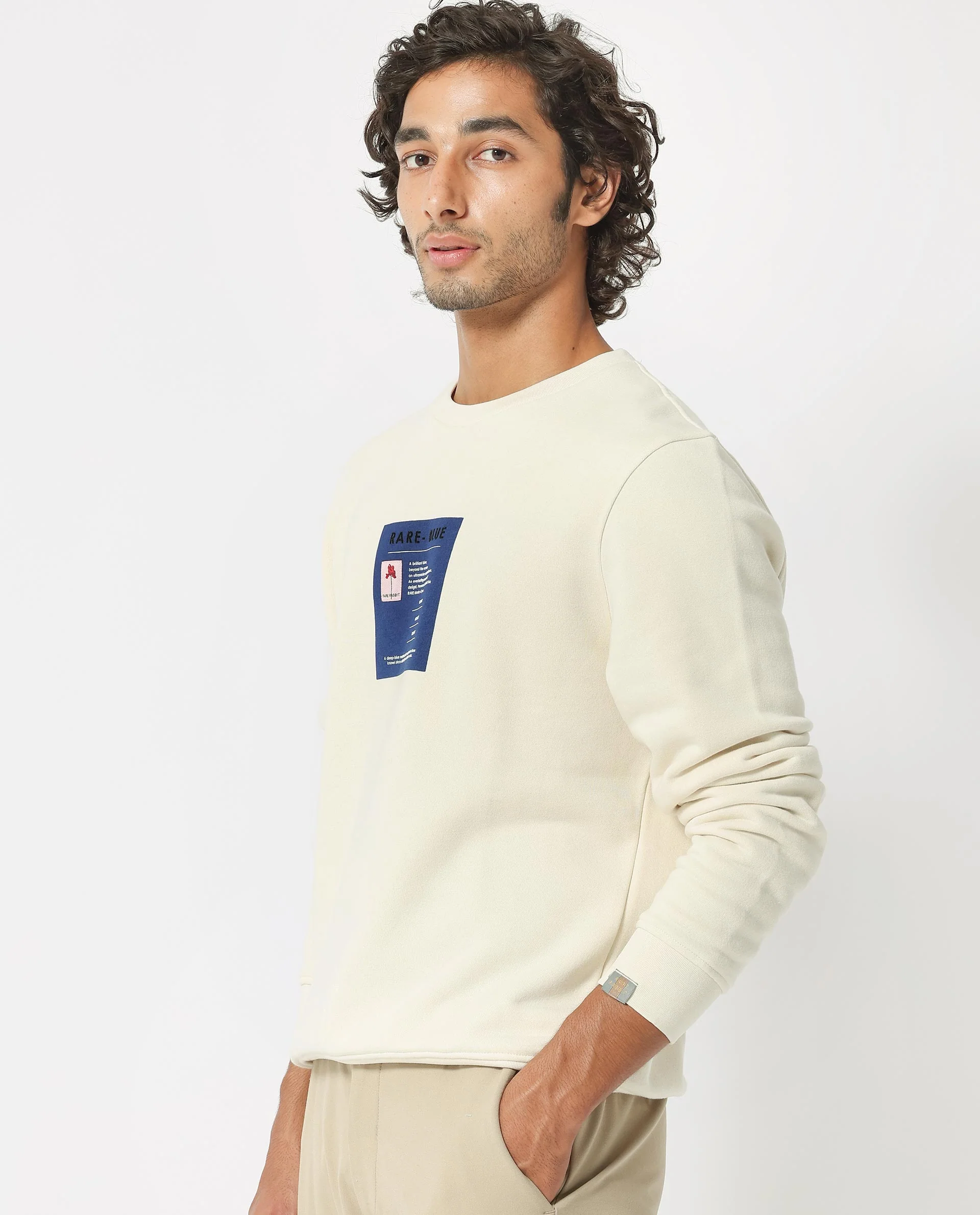 Rare Rabbit Men's Rong Off White Cotton Graphic Print Relaxed Fit Full Sleeve Crew Neck Sweatshirt - Image 6
