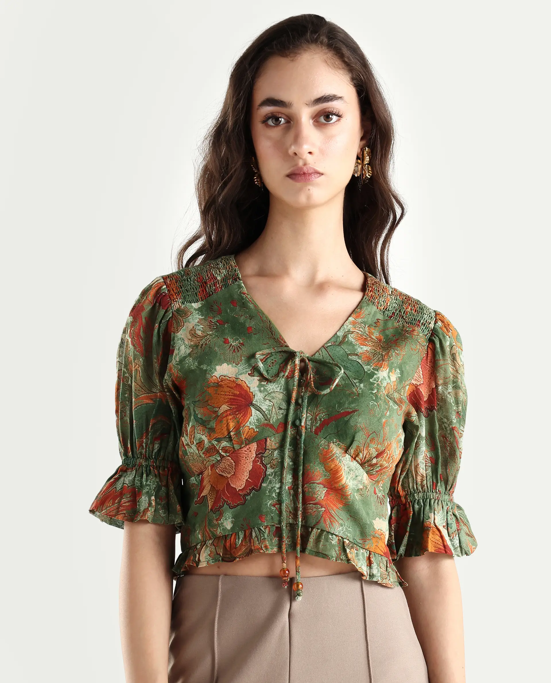 Rareism Women's Ronia Green Cotton Band Collar Abstract Print Ruffled Sleeve Crop Relaxed Fit Top - Image 3