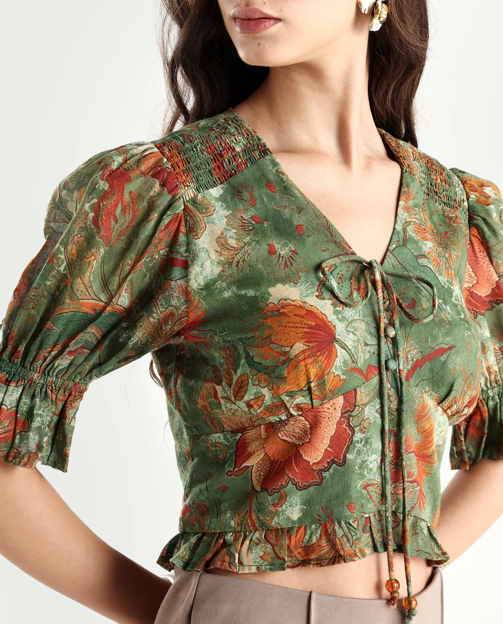 Rareism Women's Ronia Green Cotton Band Collar Abstract Print Ruffled Sleeve Crop Relaxed Fit Top - Image 4
