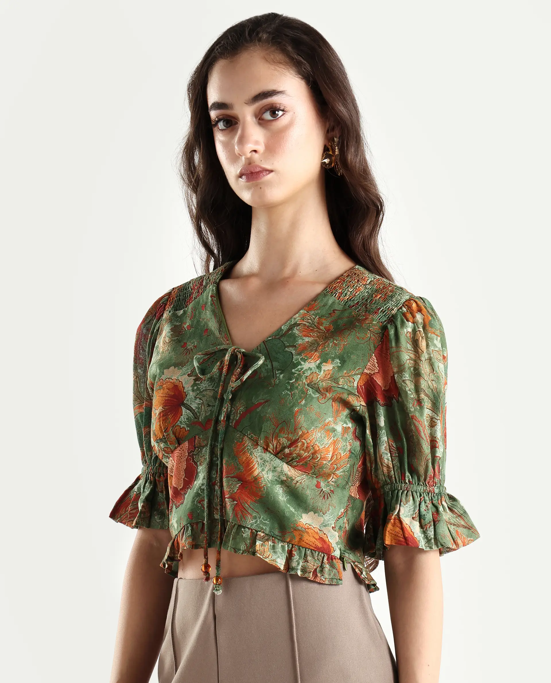 Rareism Women's Ronia Green Cotton Band Collar Abstract Print Ruffled Sleeve Crop Relaxed Fit Top - Image 5