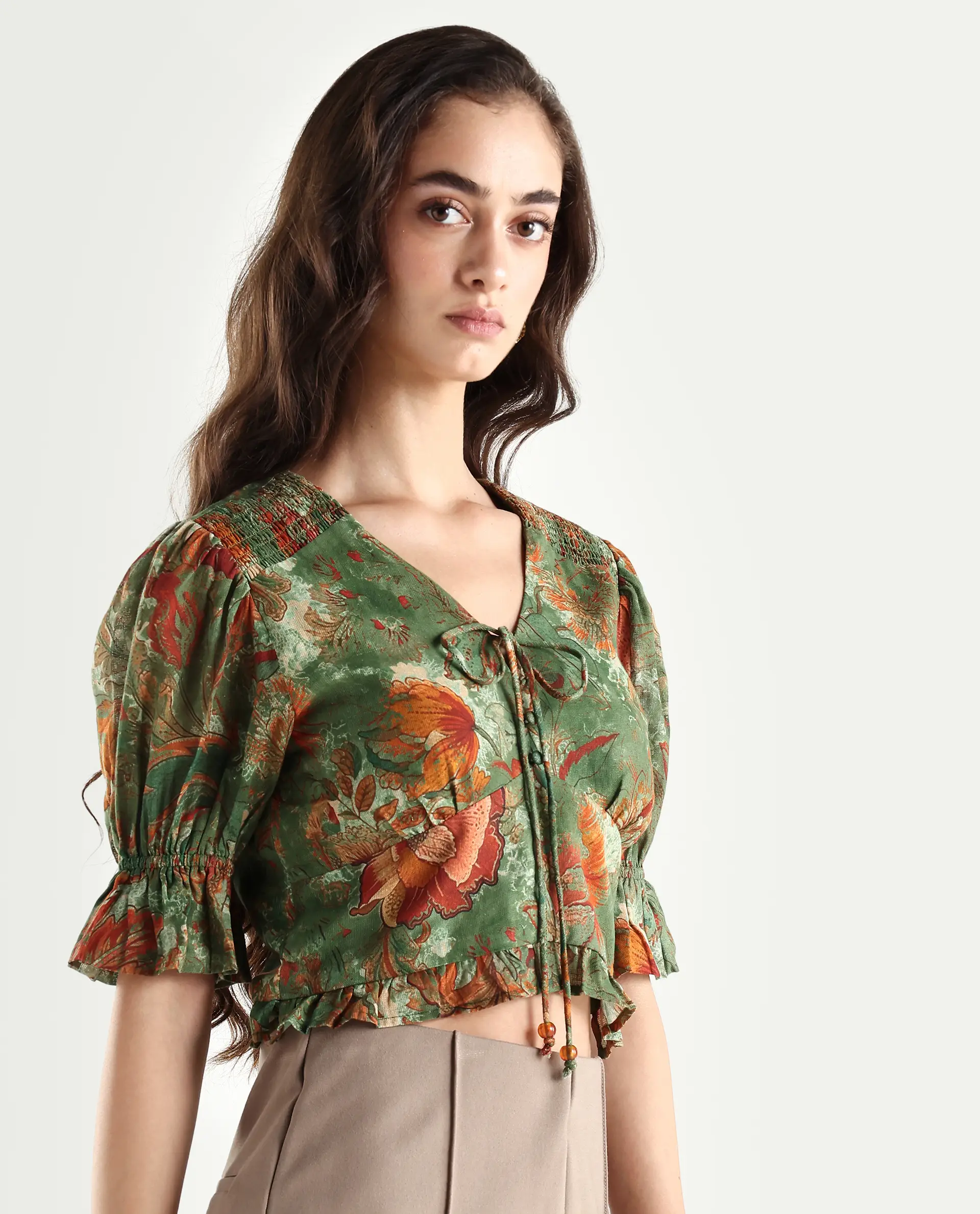 Rareism Women's Ronia Green Cotton Band Collar Abstract Print Ruffled Sleeve Crop Relaxed Fit Top - Image 6