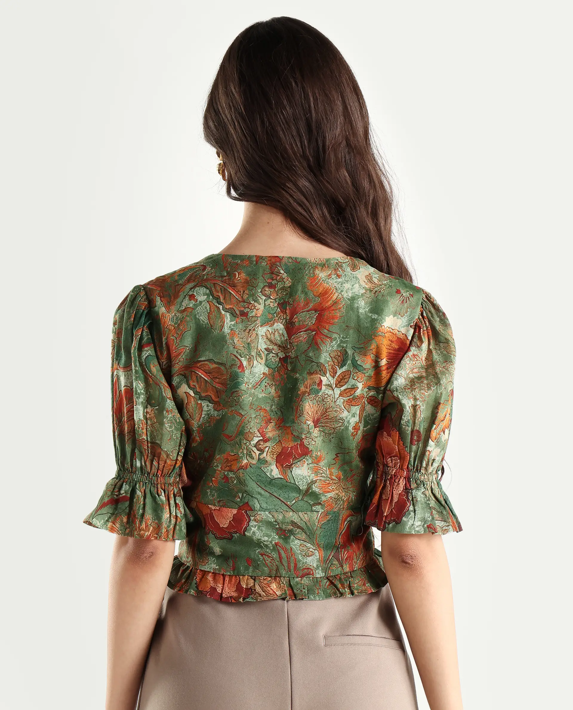 Rareism Women's Ronia Green Cotton Band Collar Abstract Print Ruffled Sleeve Crop Relaxed Fit Top - Image 7