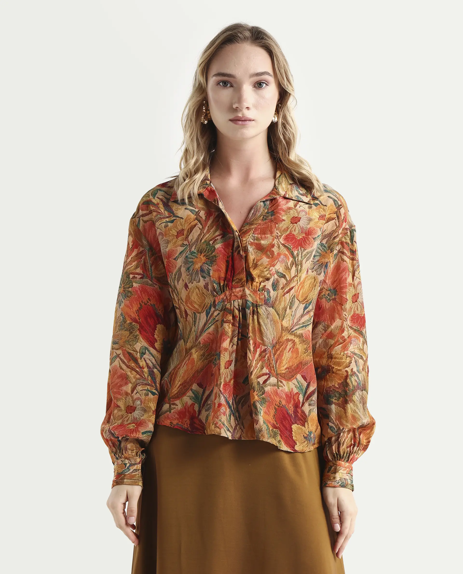 Rareism Women's Ronib Multi Viscose Collared Floral Print Bishop Sleeve Relaxed Fit Top - Image 3