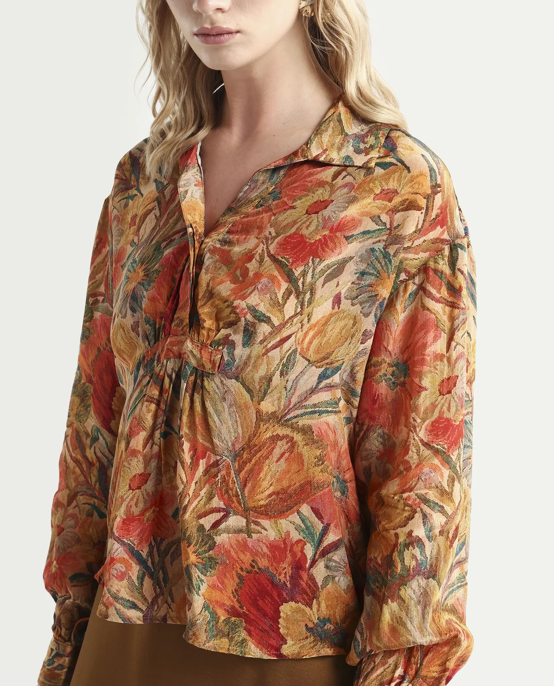 Rareism Women's Ronib Multi Viscose Collared Floral Print Bishop Sleeve Relaxed Fit Top - Image 4
