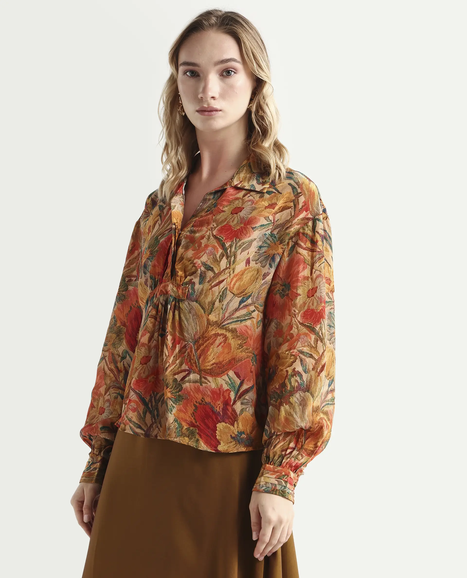 Rareism Women's Ronib Multi Viscose Collared Floral Print Bishop Sleeve Relaxed Fit Top - Image 5