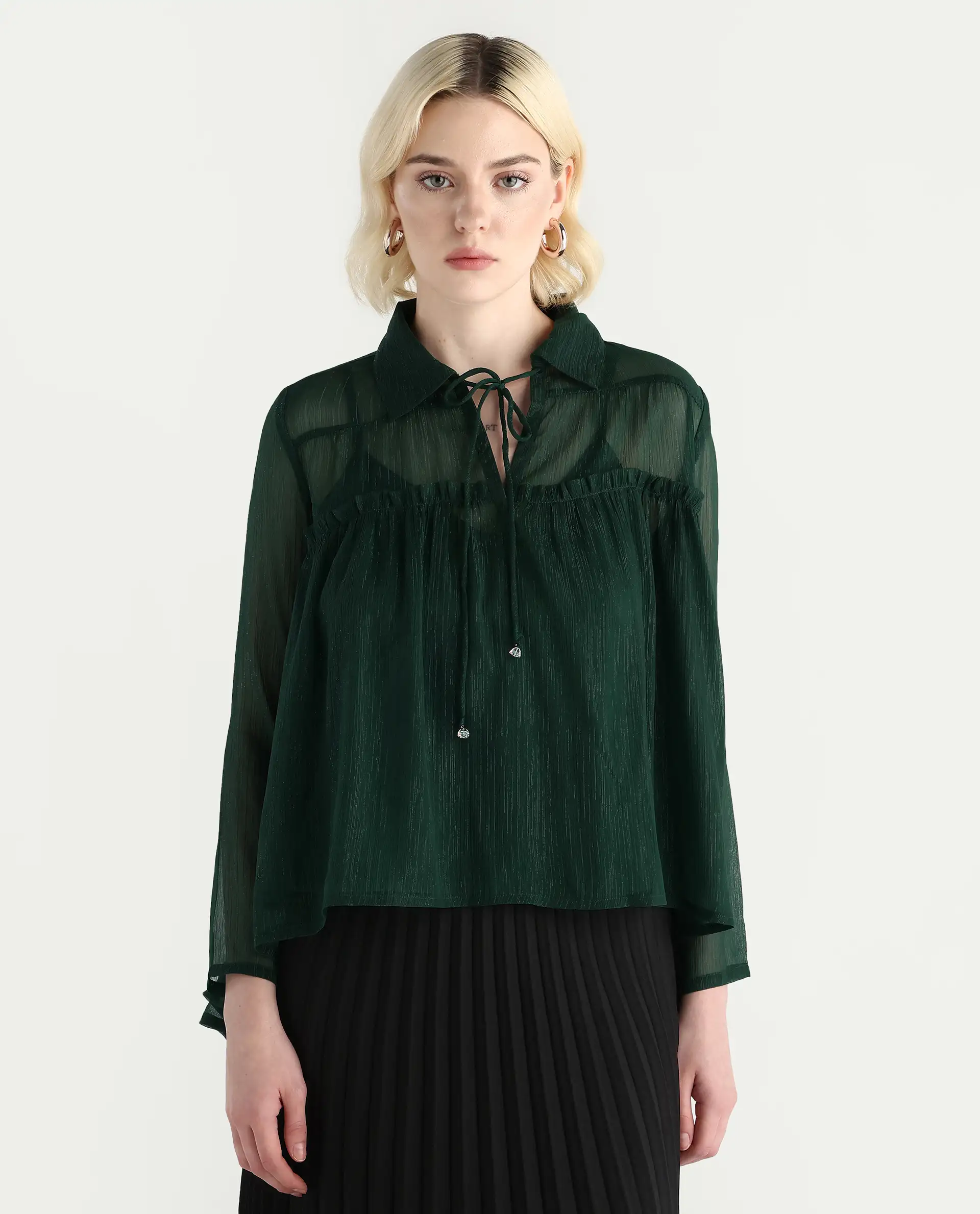 Rareism Women's Ronie Dark Green Polyester V-Neck Plain Puff Sleeves Regular Fit Top - Image 3