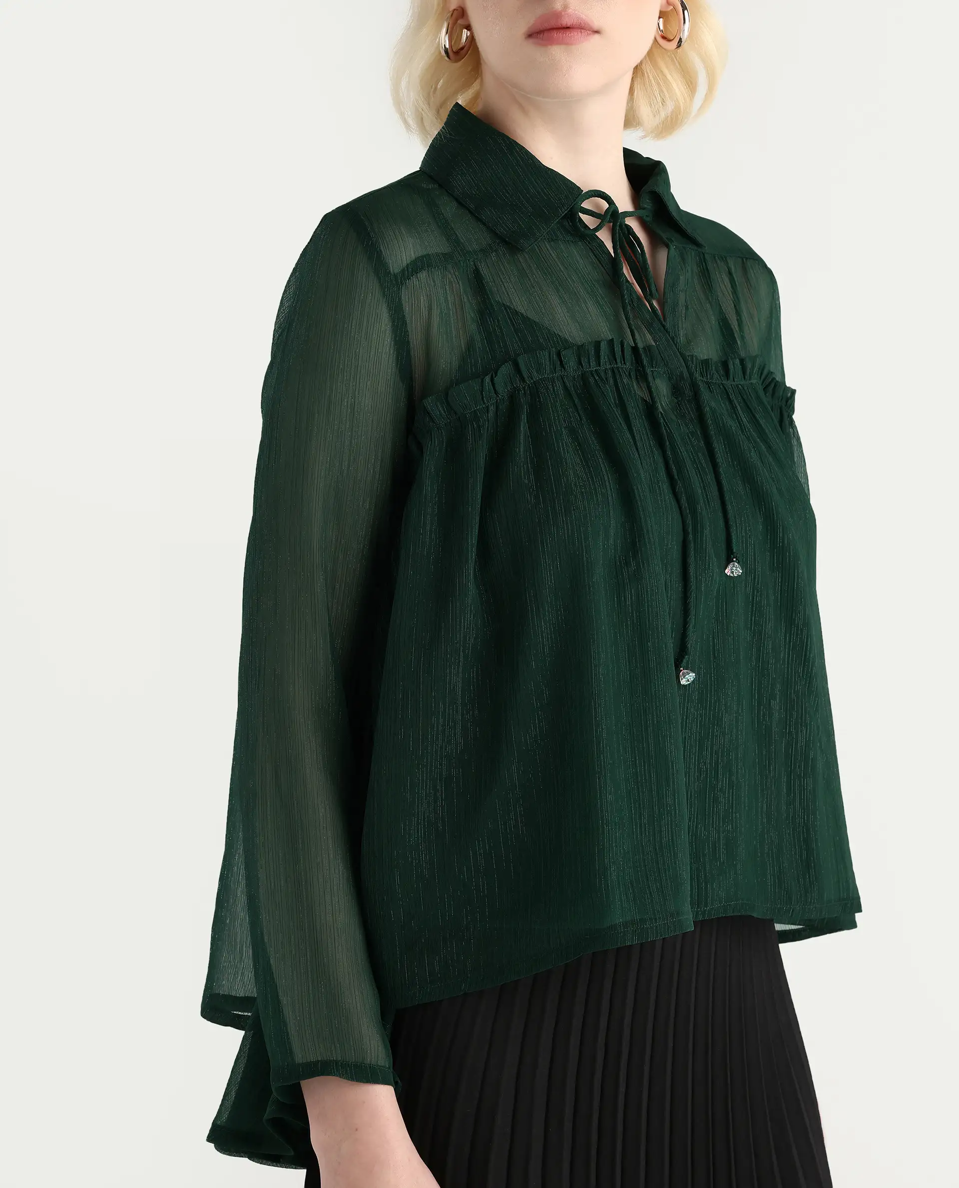 Rareism Women's Ronie Dark Green Polyester V-Neck Plain Puff Sleeves Regular Fit Top - Image 4