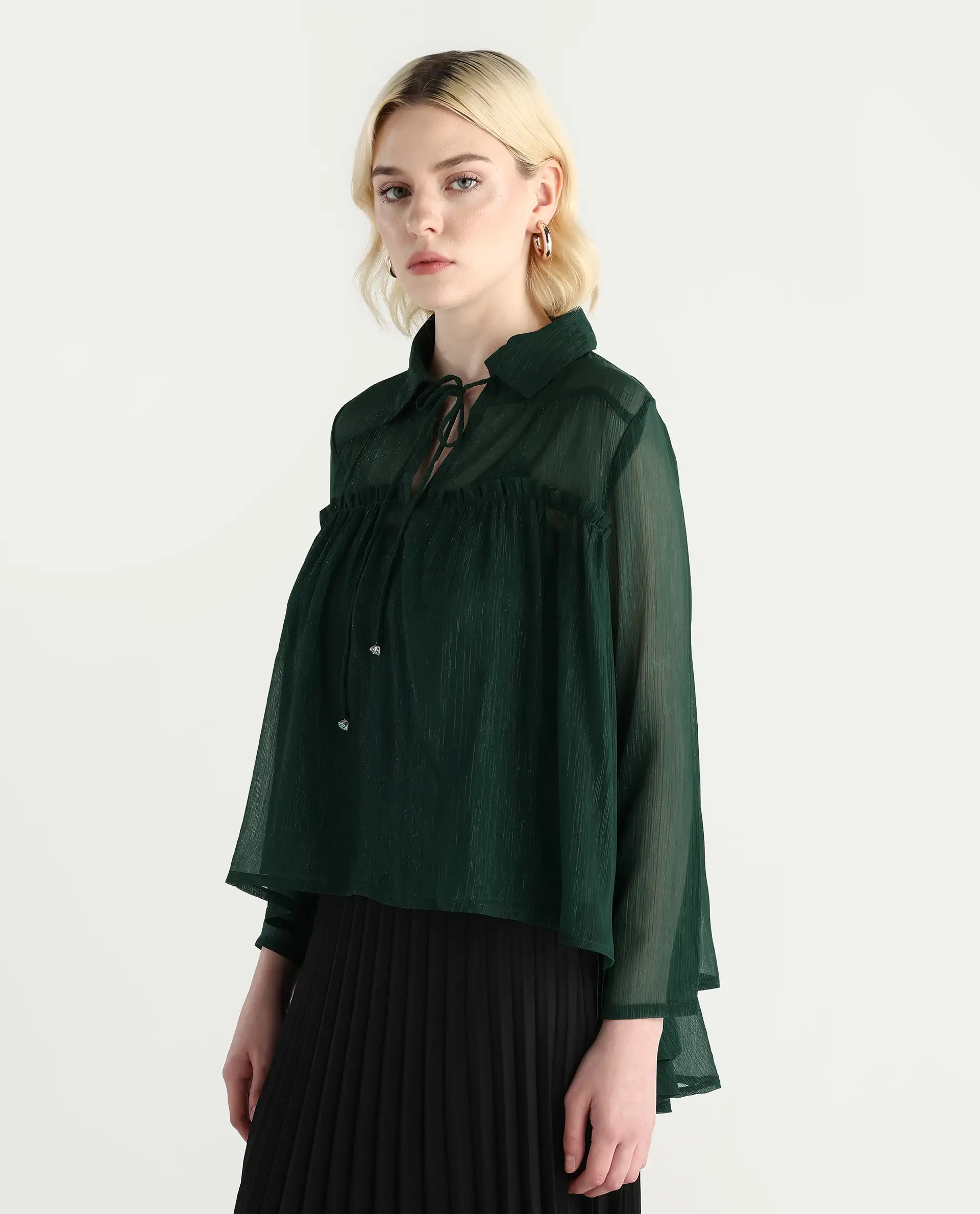 Rareism Women's Ronie Dark Green Polyester V-Neck Plain Puff Sleeves Regular Fit Top - Image 5