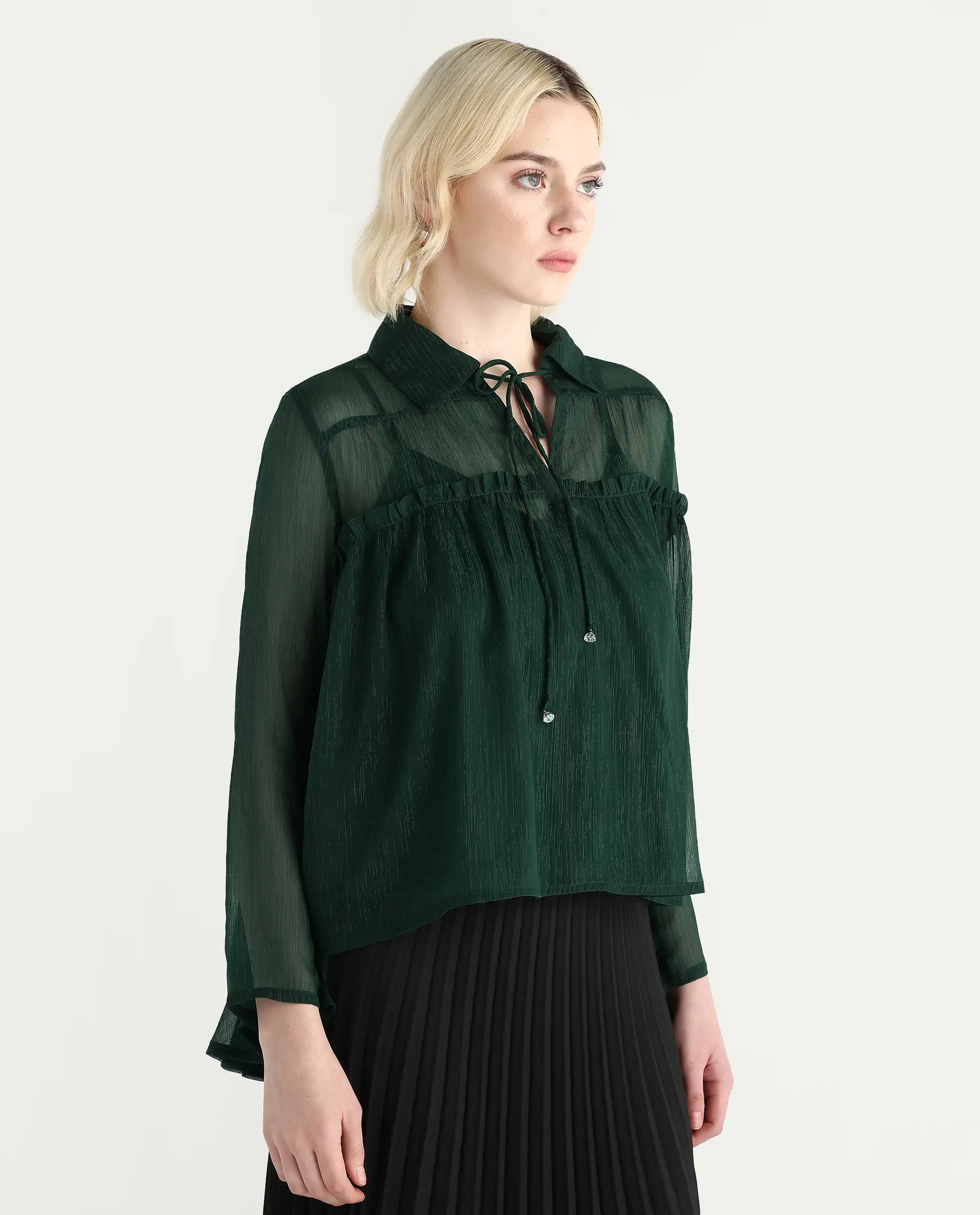 Rareism Women's Ronie Dark Green Polyester V-Neck Plain Puff Sleeves Regular Fit Top - Image 6